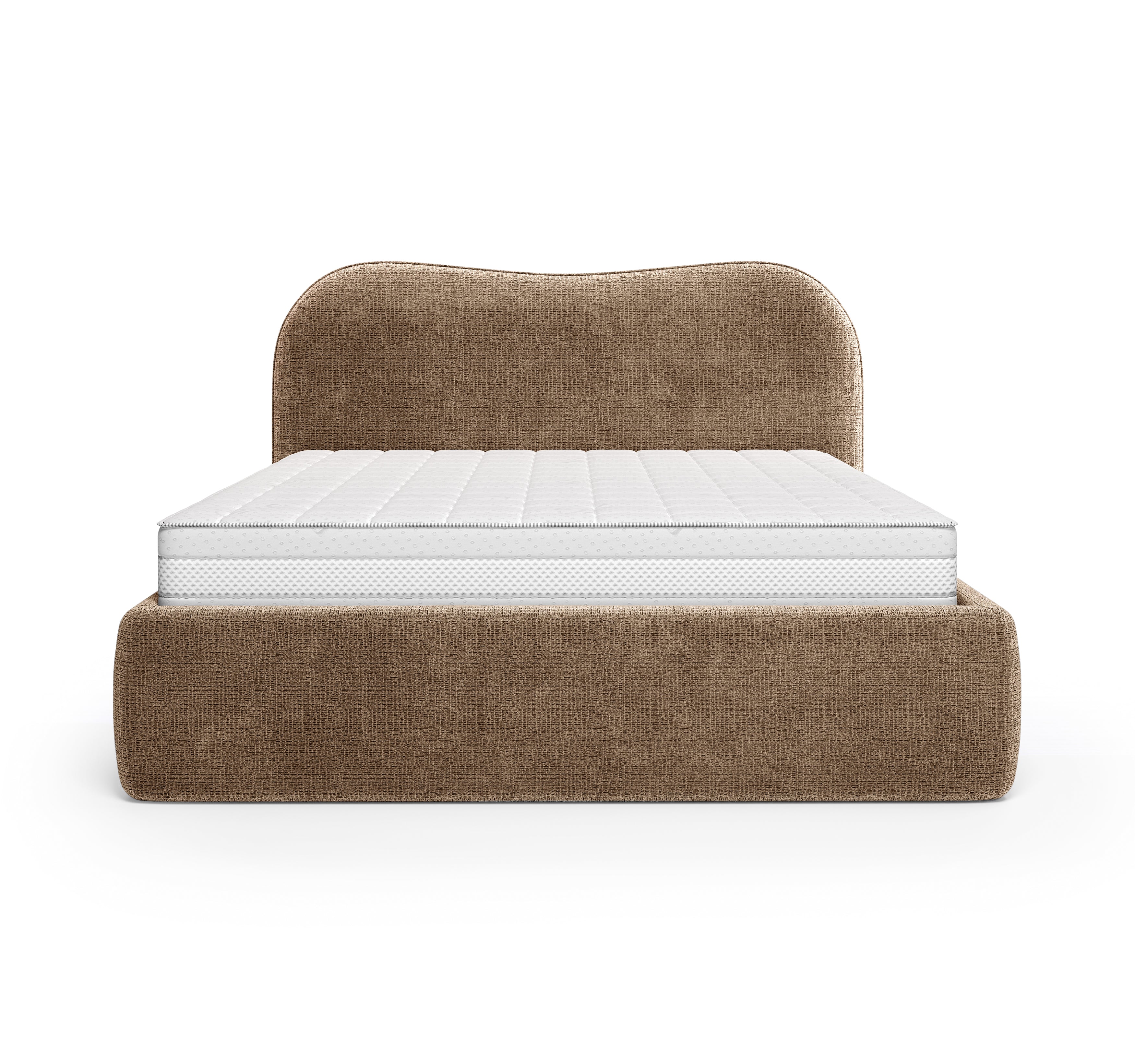 Lit coffre Gravilliers 140x200 cm en tissu chenille taupe Paname Avenue, vue de face sur fond blanc