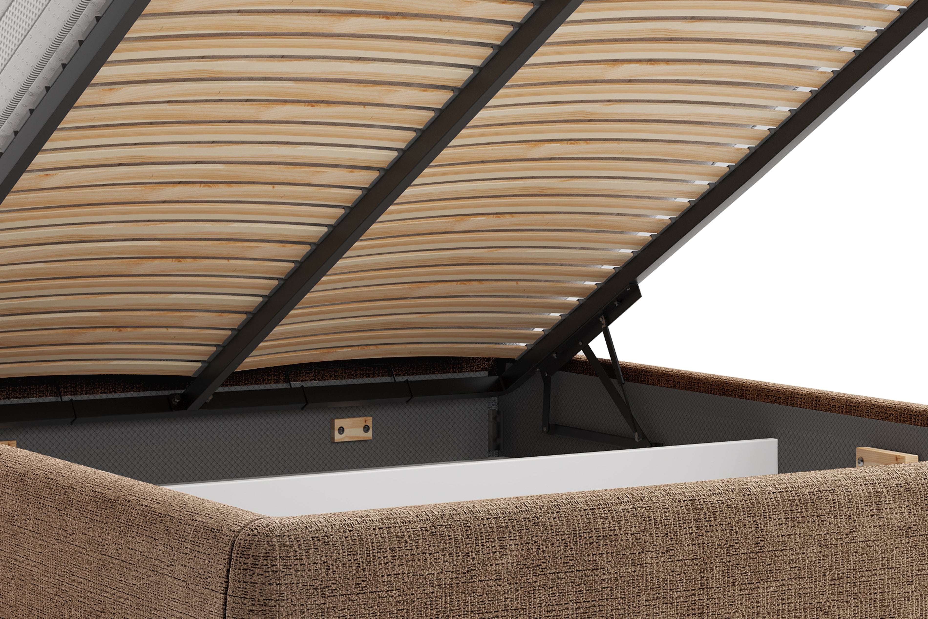 Lit coffre Gravilliers 140x200 cm en tissu chenille taupe Paname Avenue, zoom sur le mécanisme de levage