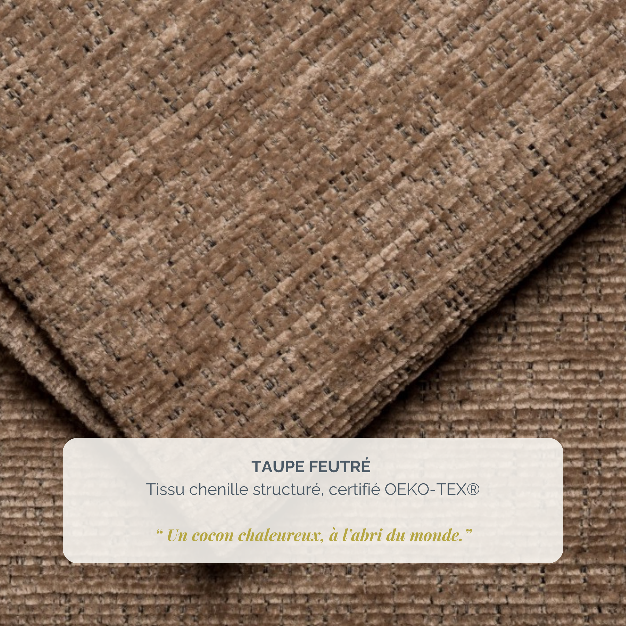 Lit coffre Gravilliers 140x200 cm en tissu chenille taupe Paname Avenue, détail de la texture du revêtement