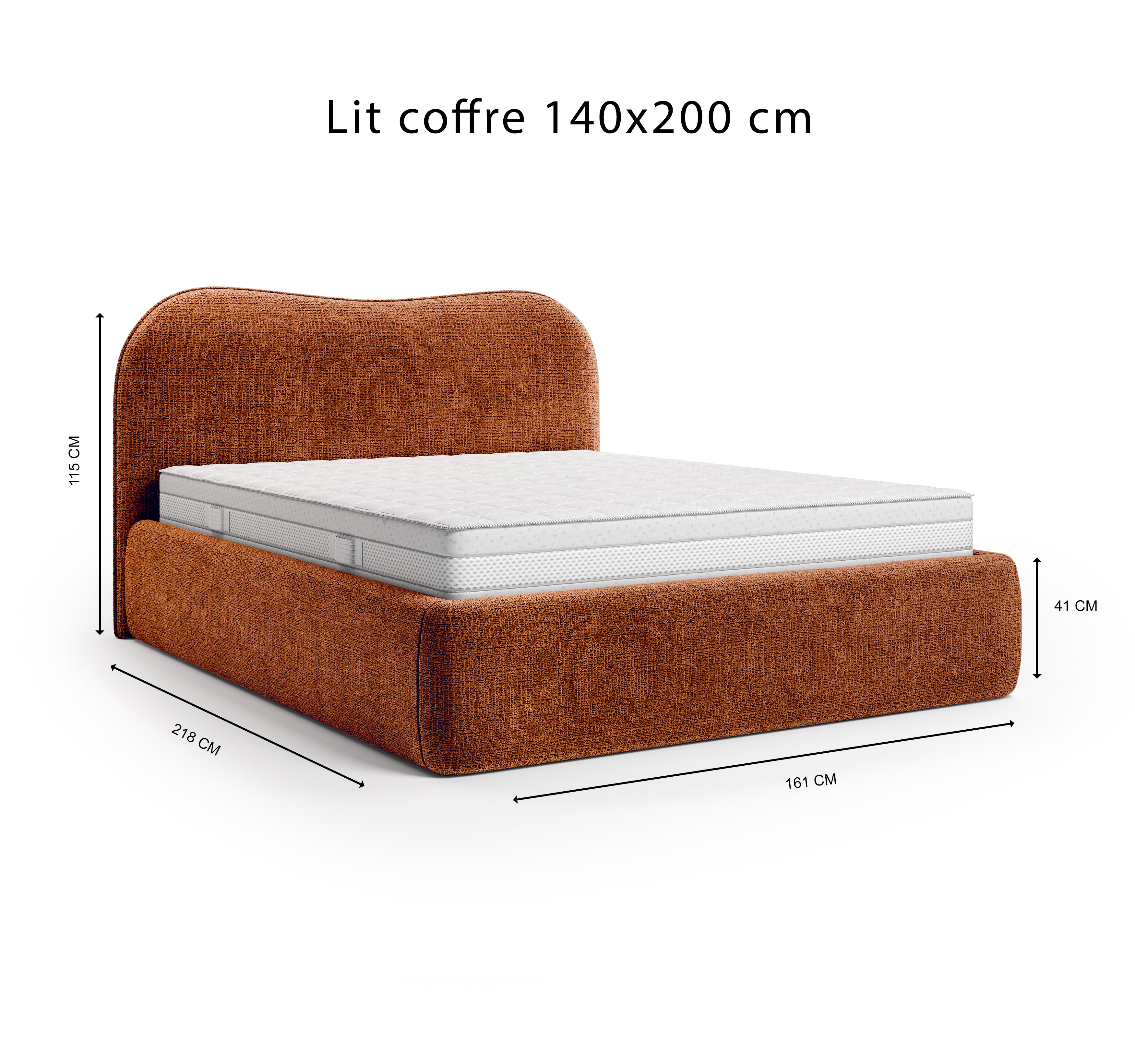 Lit coffre Gravilliers 140x200 cm en tissu chenille terracotta Paname Avenue, schéma des dimensions du lit
