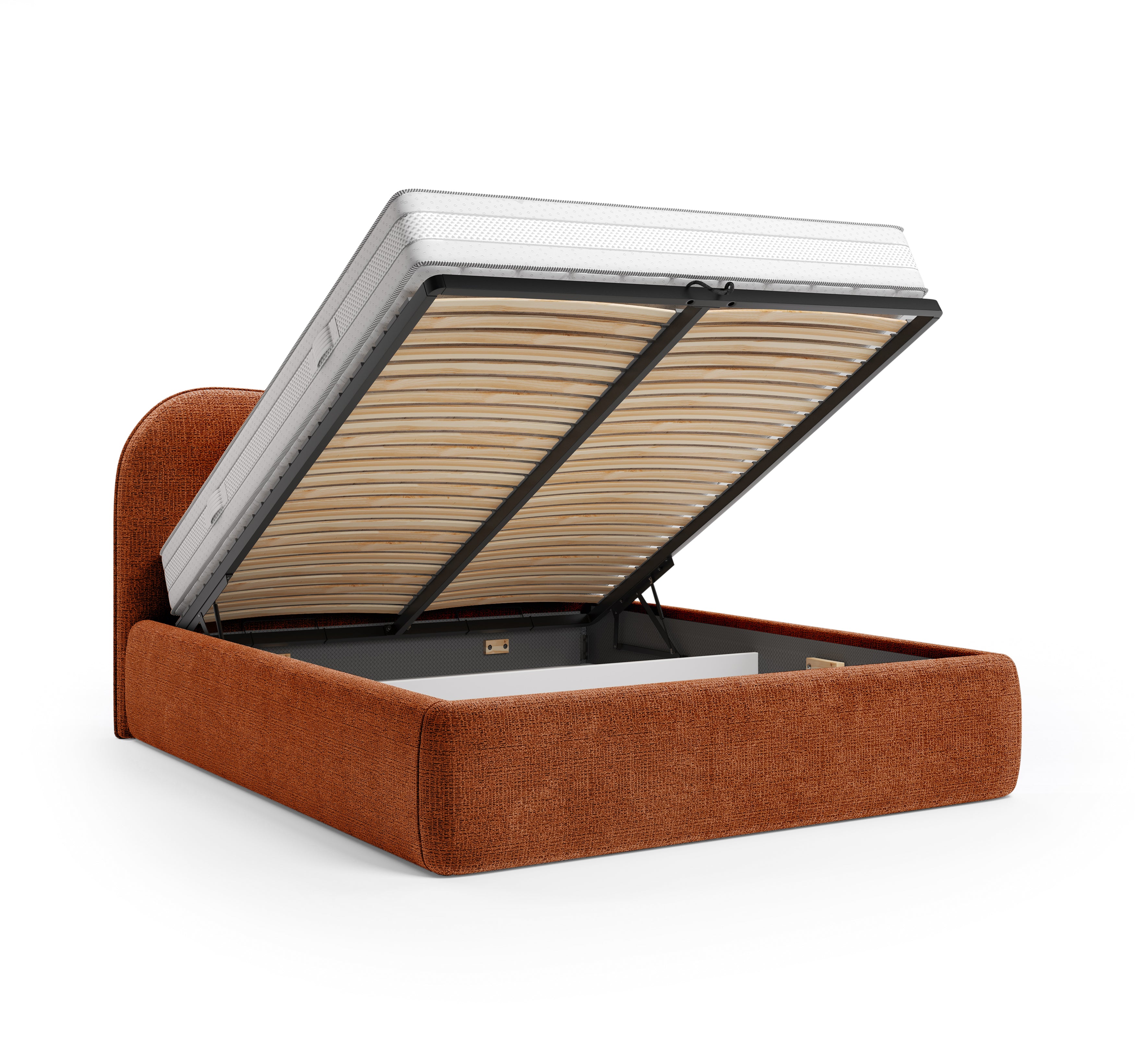 Lit coffre Gravilliers 140x200 cm en tissu chenille terracotta Paname Avenue, coffre de rangement ouvert sur fond blanc