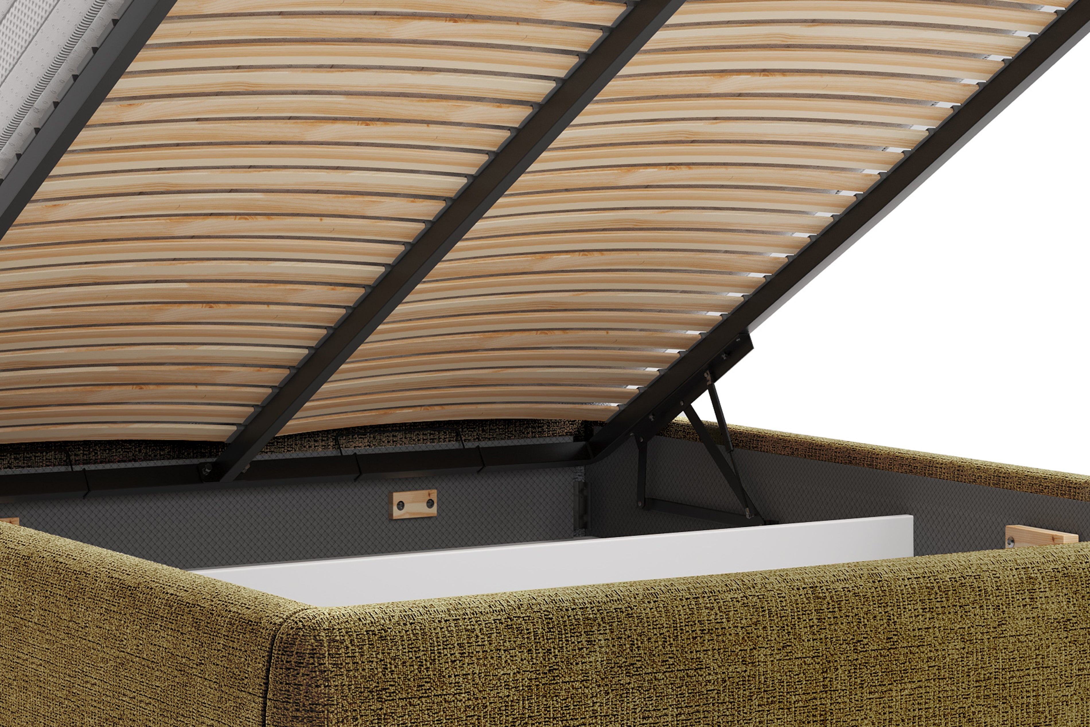 Lit coffre Gravilliers 140x200 cm en tissu chenille vert olive Paname Avenue, zoom sur le mécanisme de levage