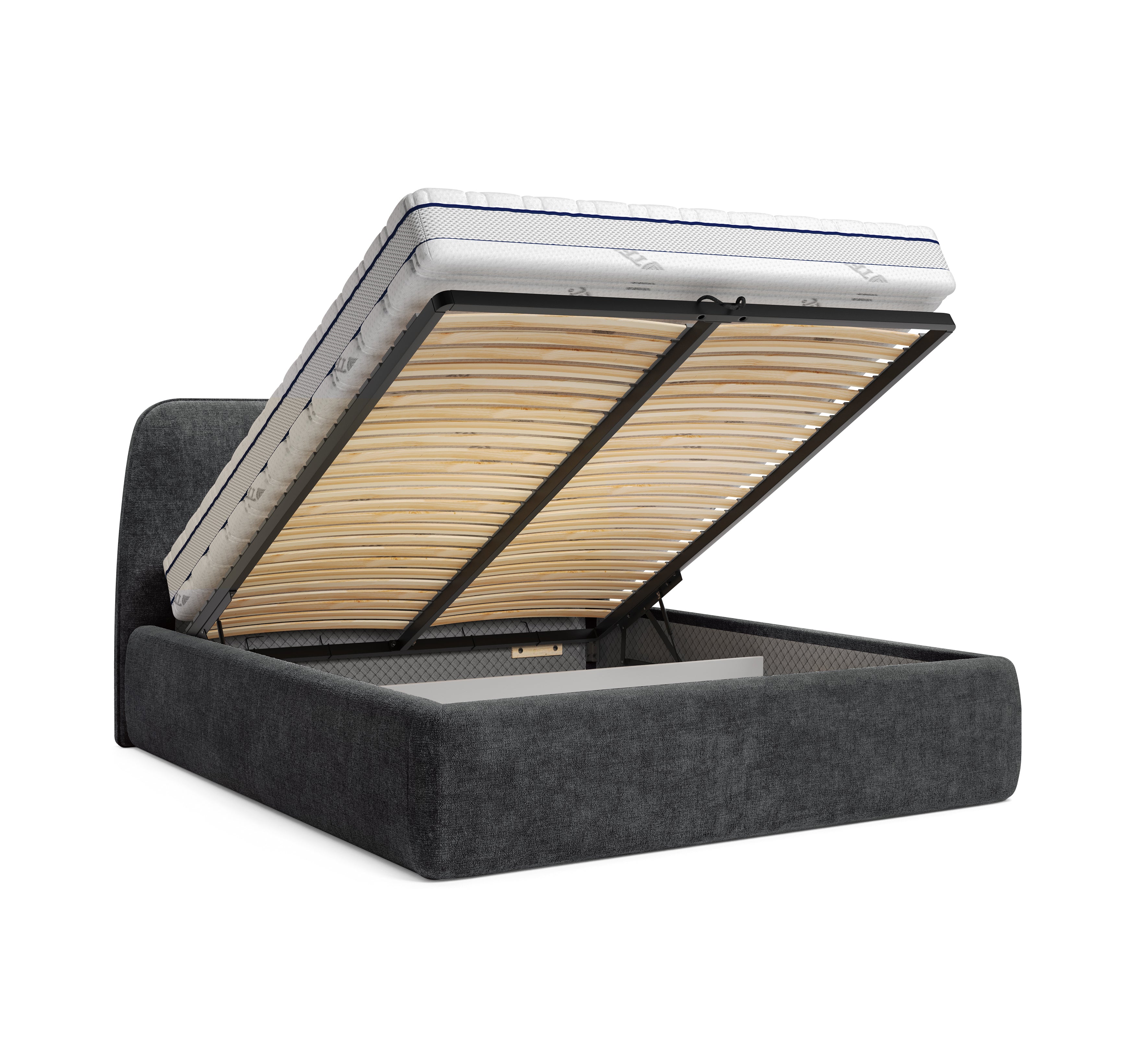 Lit coffre Rosiers 140x200 en tissu chenille anthracite Paname Avenue, coffre de rangement ouvert sur fond blanc