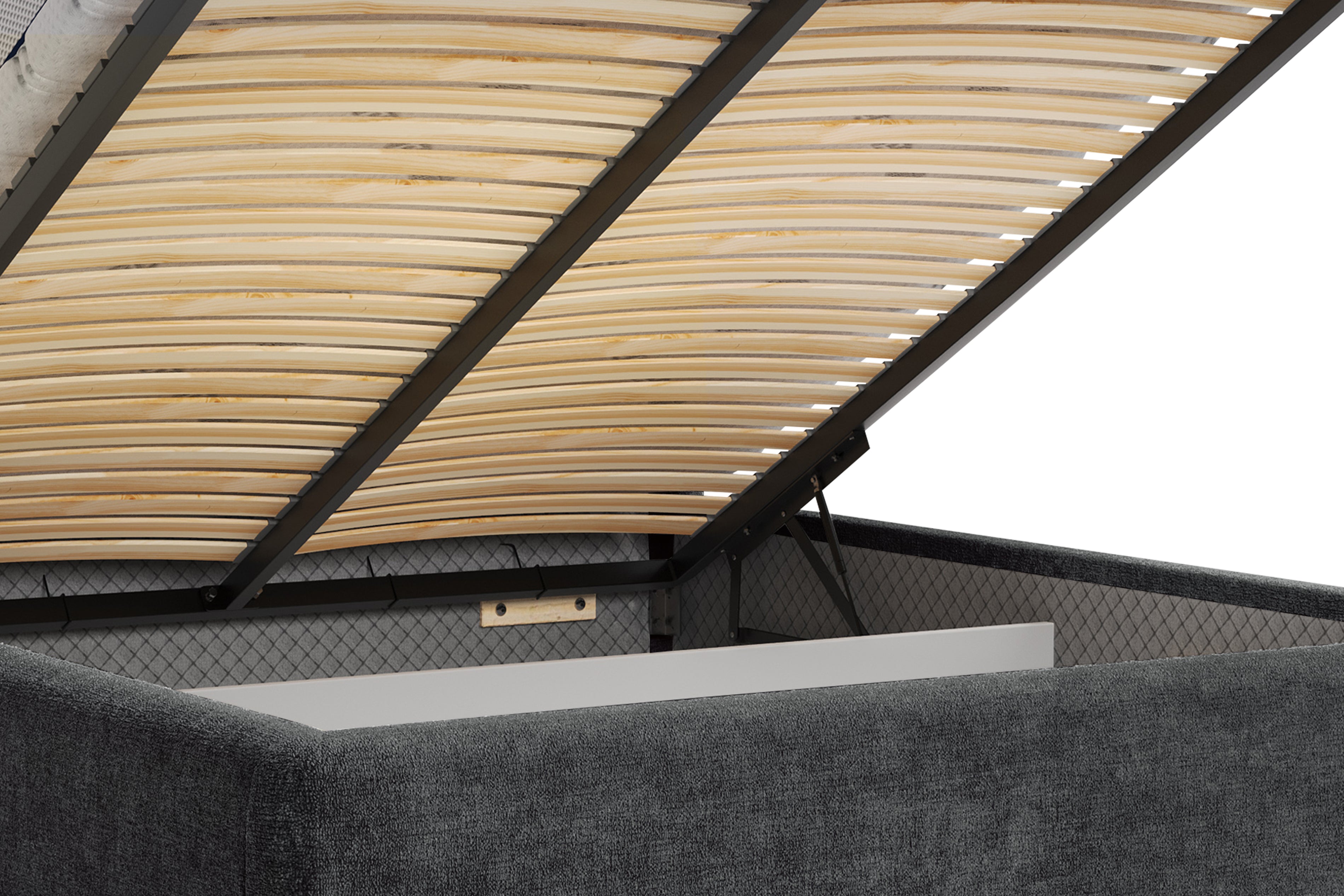 Lit coffre Rosiers 140x200 en tissu chenille anthracite Paname Avenue, zoom sur le mécanisme de levage