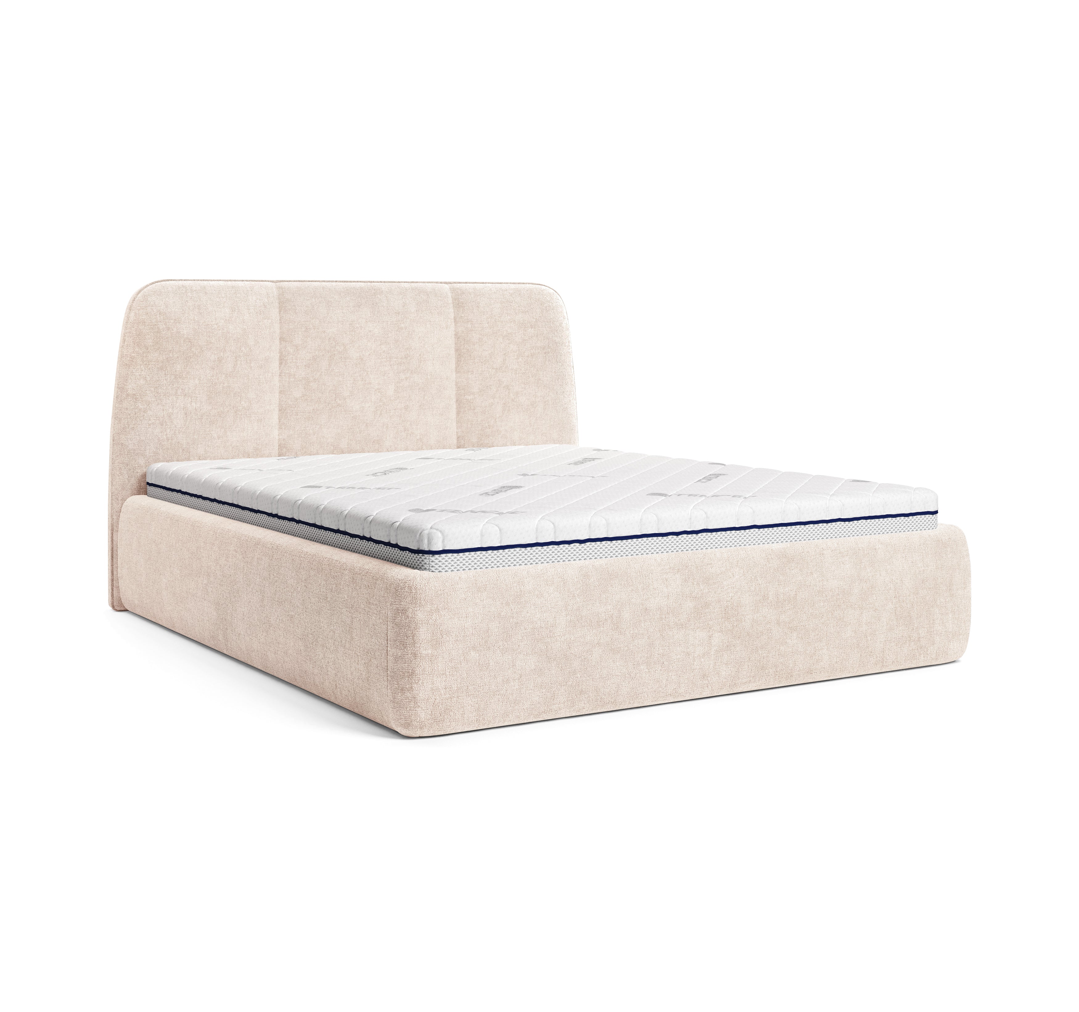 Lit coffre Rosiers 140x200 en tissu chenille beige Paname Avenue, vue trois-quarts sur fond blanc