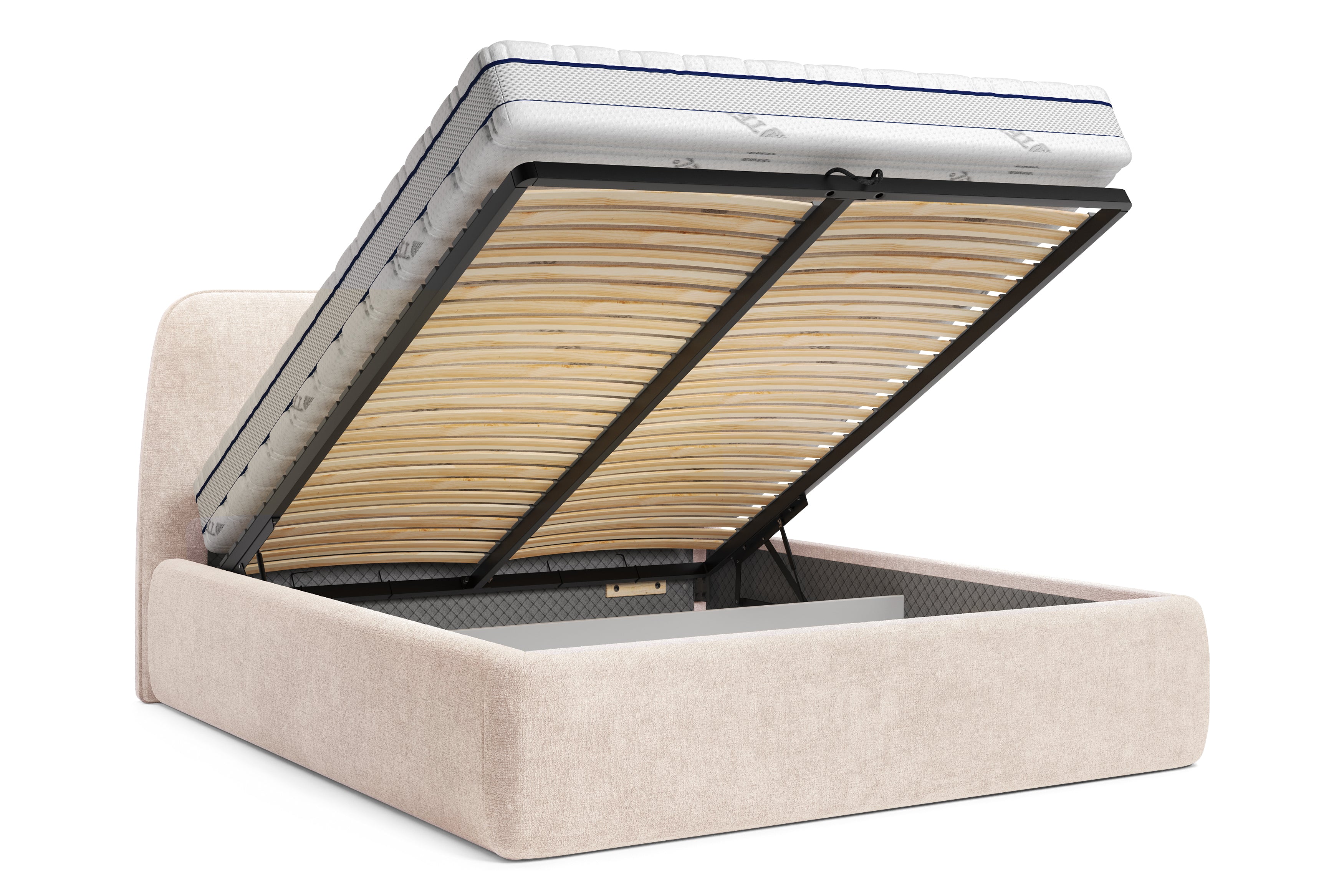 Lit coffre Rosiers 140x200 en tissu chenille beige Paname Avenue, coffre de rangement ouvert sur fond blanc