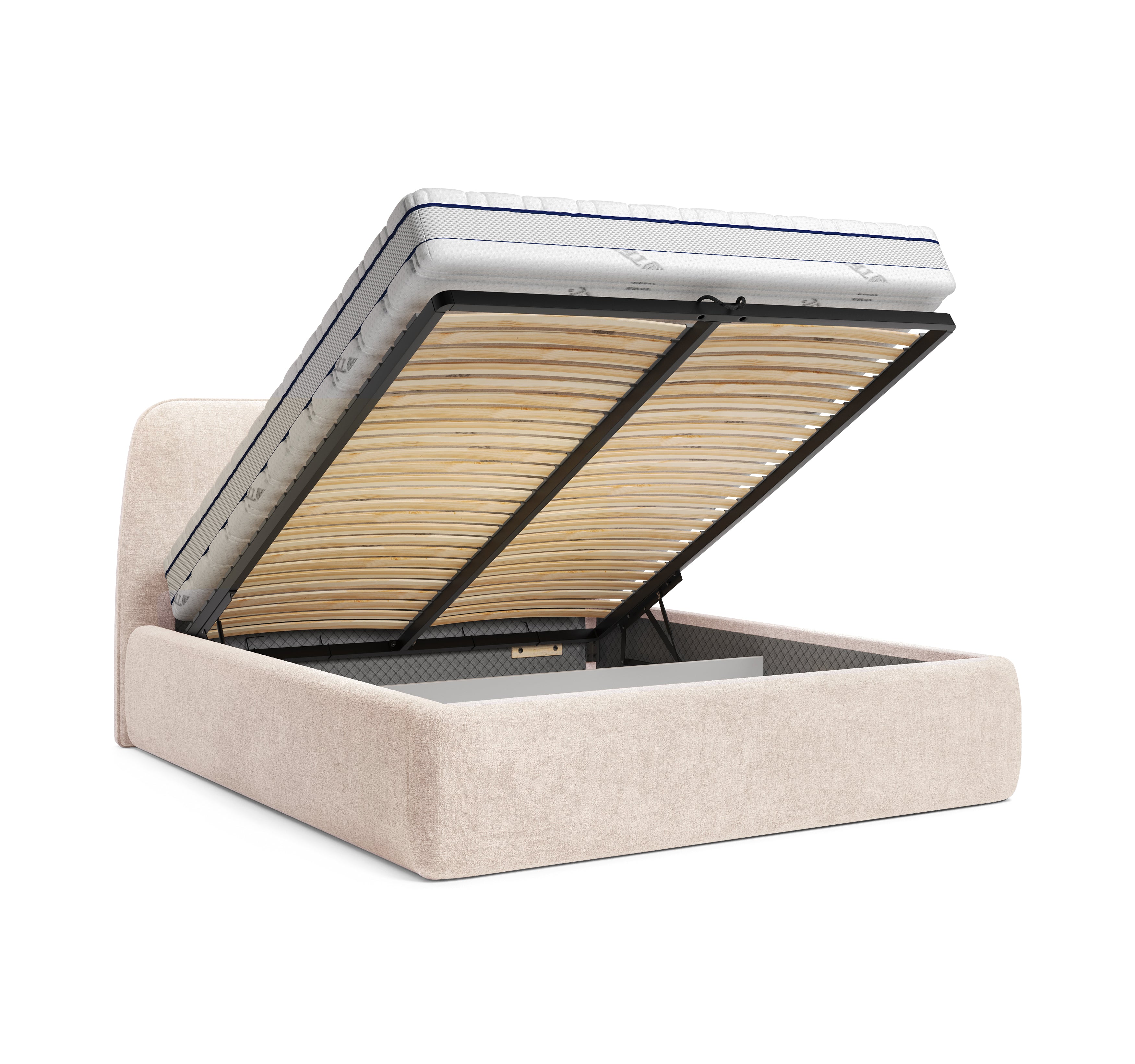Lit coffre Rosiers 140x200 en tissu chenille beige Paname Avenue, coffre de rangement ouvert sur fond blanc