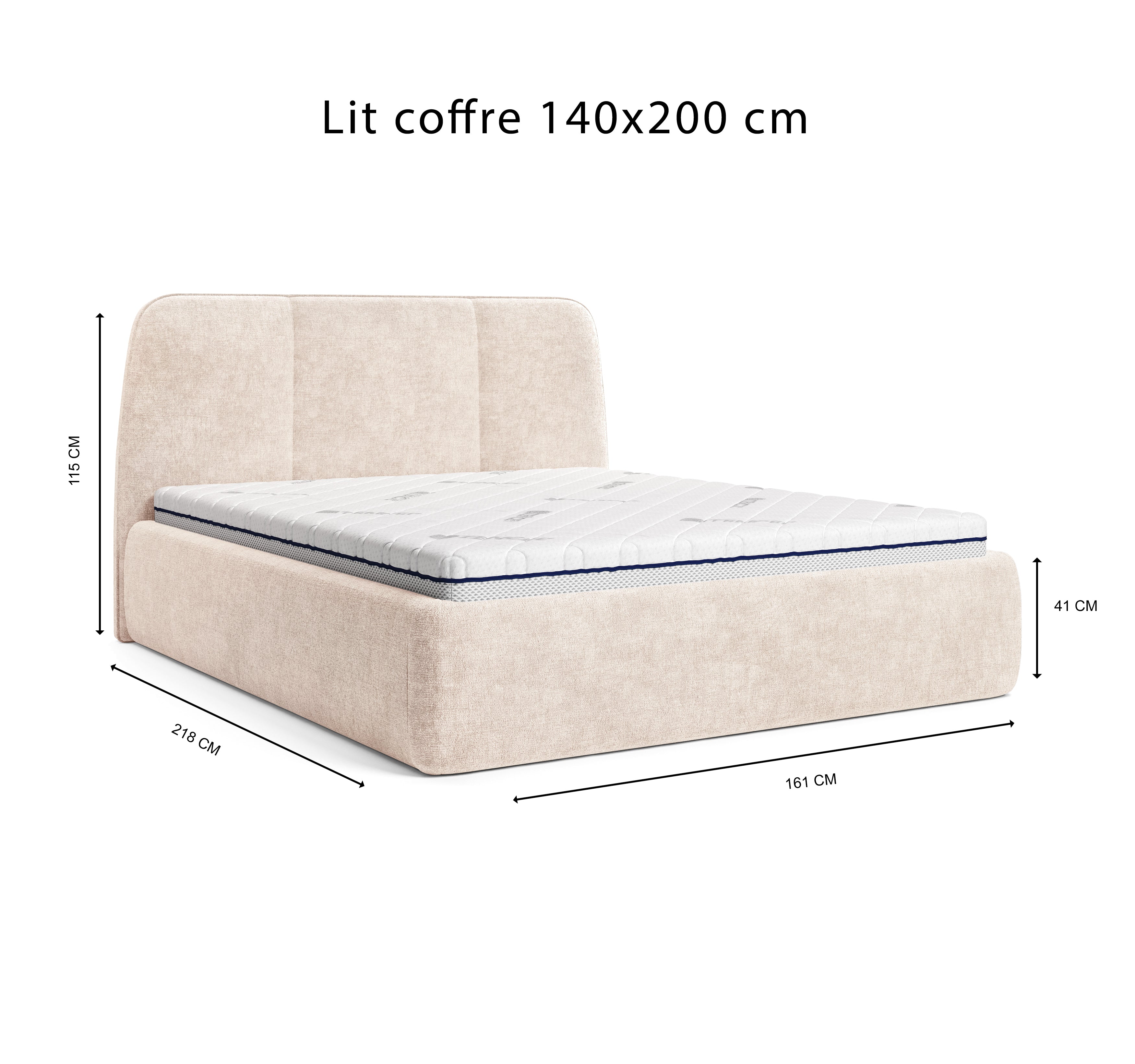Lit coffre Rosiers 140x200 en tissu chenille beige Paname Avenue, schéma des dimensions du lit