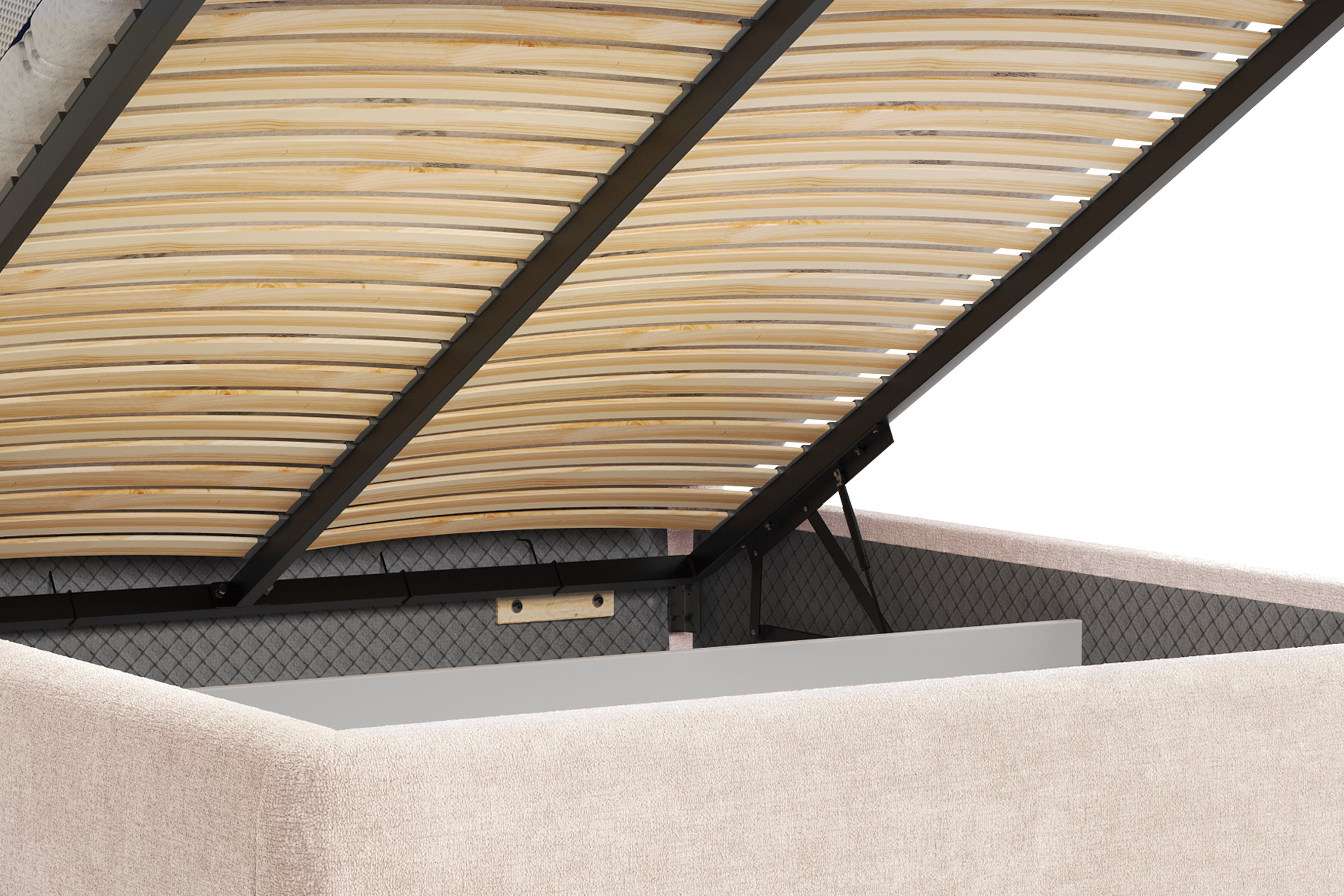 Lit coffre Rosiers 140x200 en tissu chenille beige Paname Avenue, zoom sur le mécanisme de levage