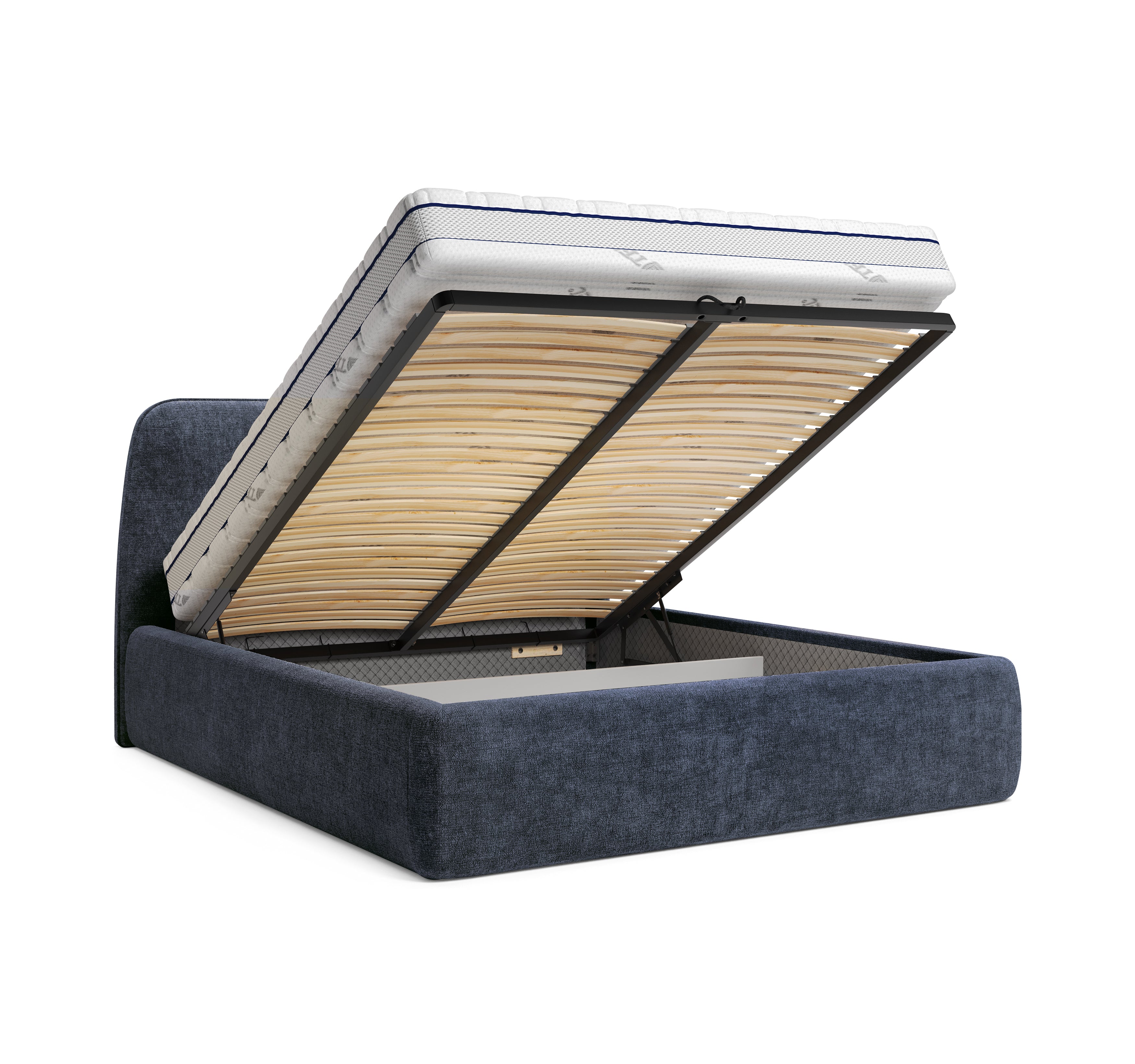 Lit coffre Rosiers 140x200 en tissu chenille bleu Paname Avenue, coffre de rangement ouvert sur fond blanc