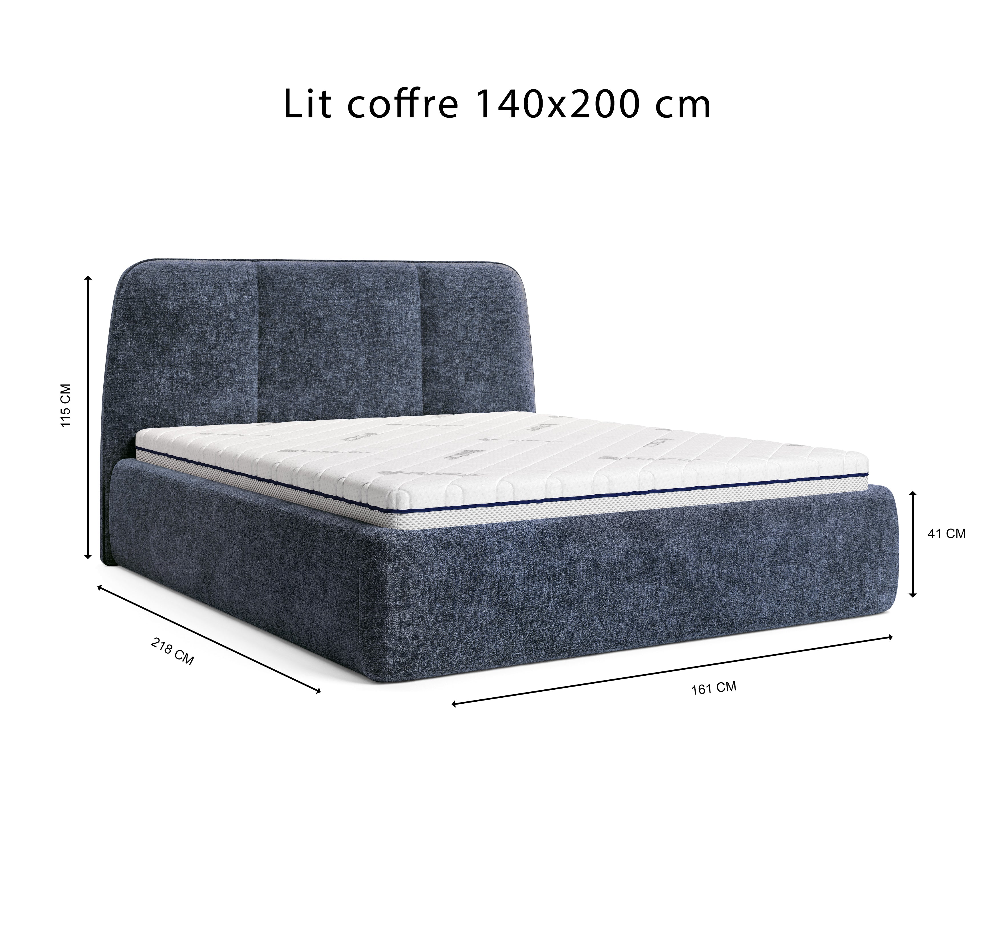 Lit coffre Rosiers 140x200 en tissu chenille bleu Paname Avenue, schéma des dimensions du lit