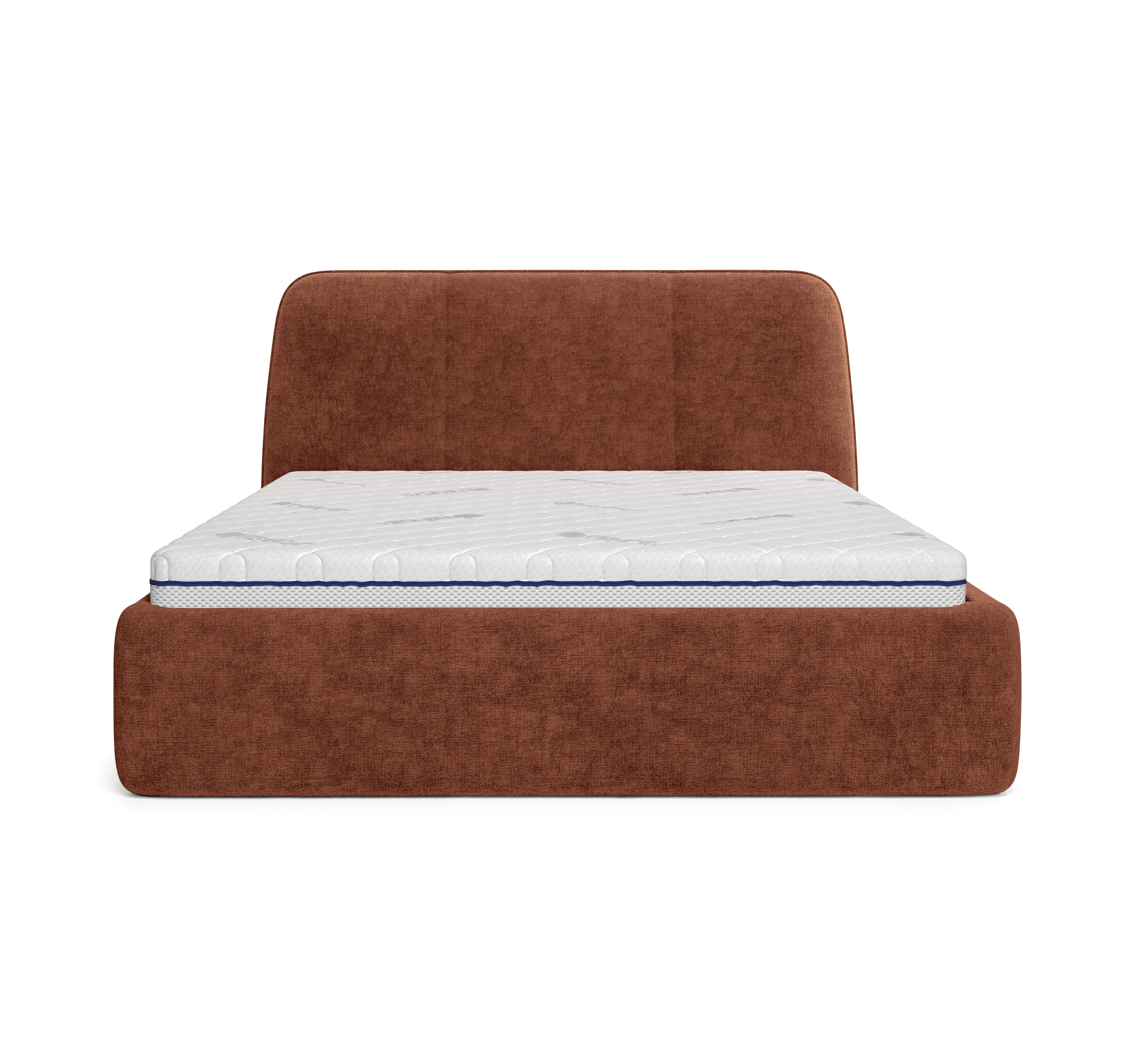 Lit coffre Rosiers 140x200 en tissu chenille terracotta Paname Avenue, vue de face sur fond blanc