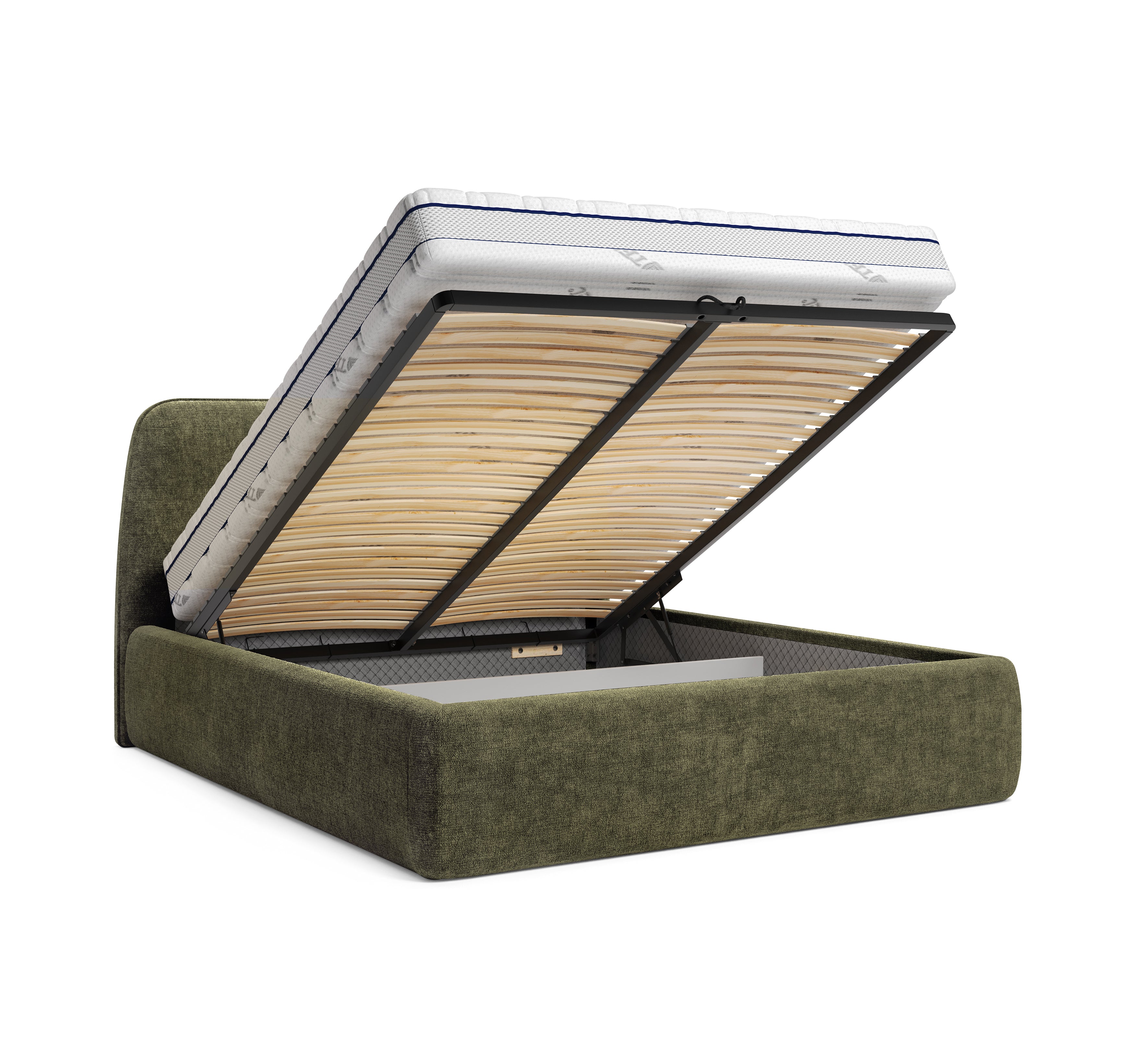 Lit coffre Rosiers 140x200 en tissu chenille vert olive Paname Avenue, coffre de rangement ouvert sur fond blanc