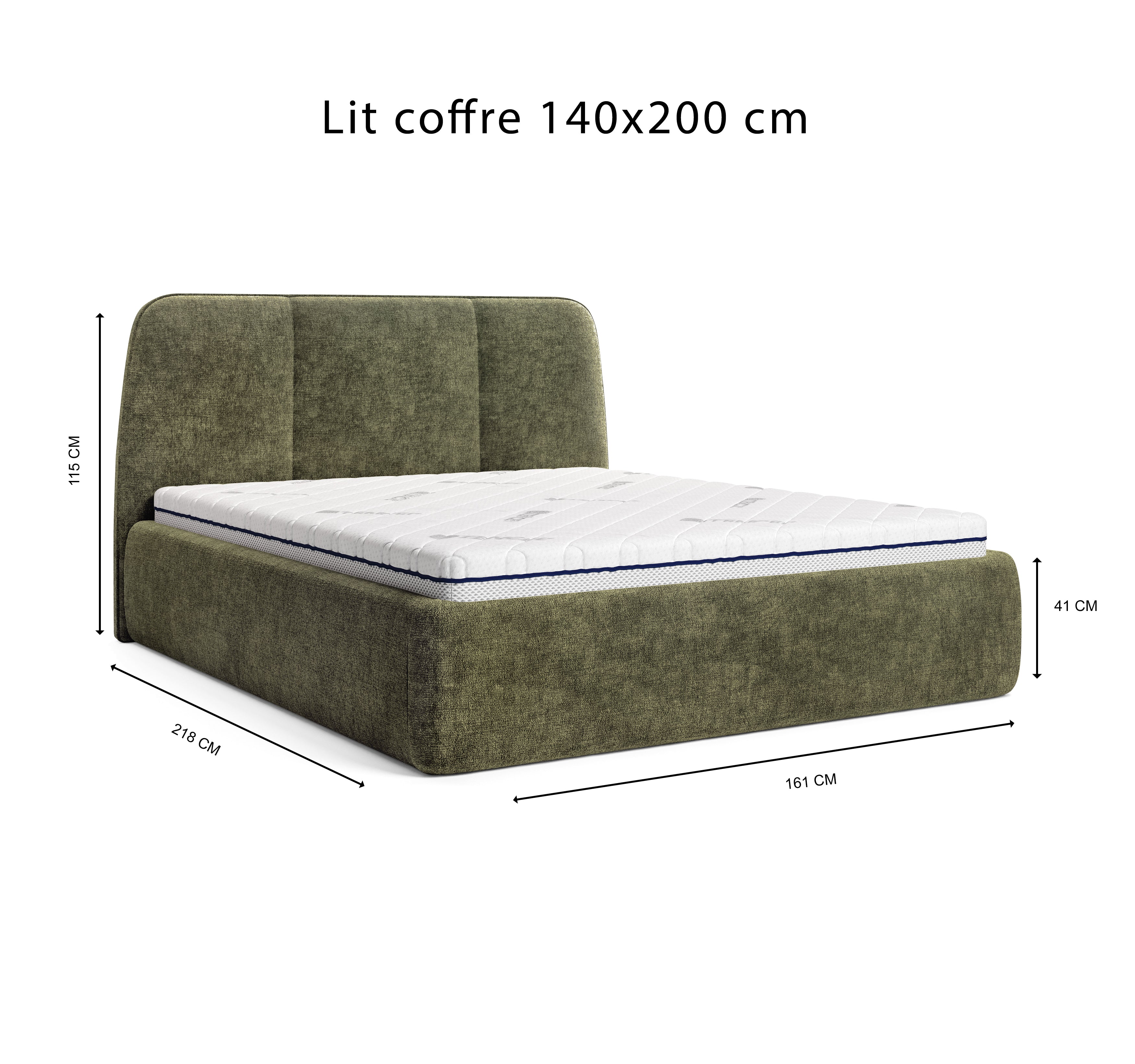 Lit coffre Rosiers 140x200 en tissu chenille vert olive Paname Avenue, schéma des dimensions du lit