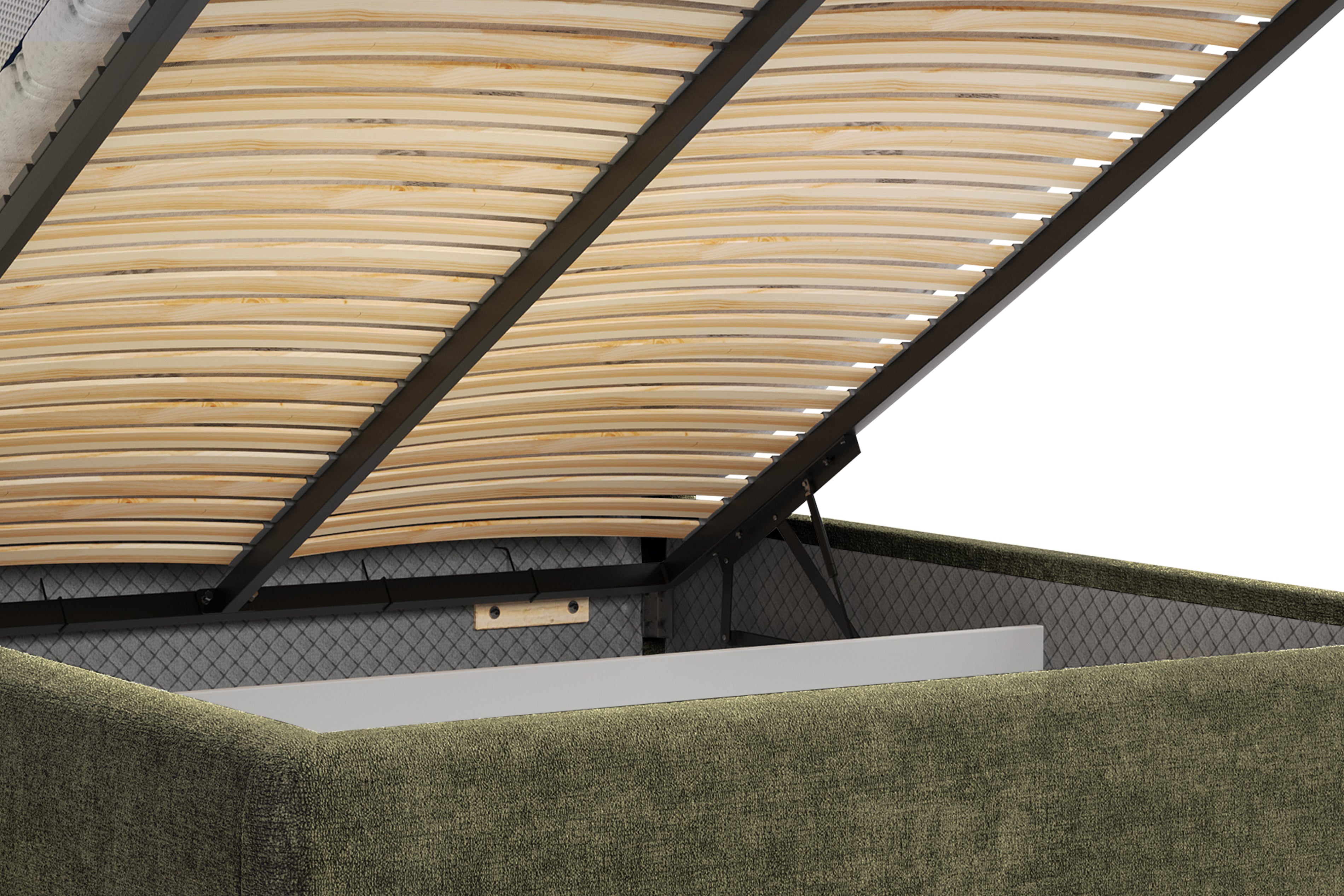 Lit coffre Rosiers 140x200 en tissu chenille vert olive Paname Avenue, zoom sur le mécanisme de levage
