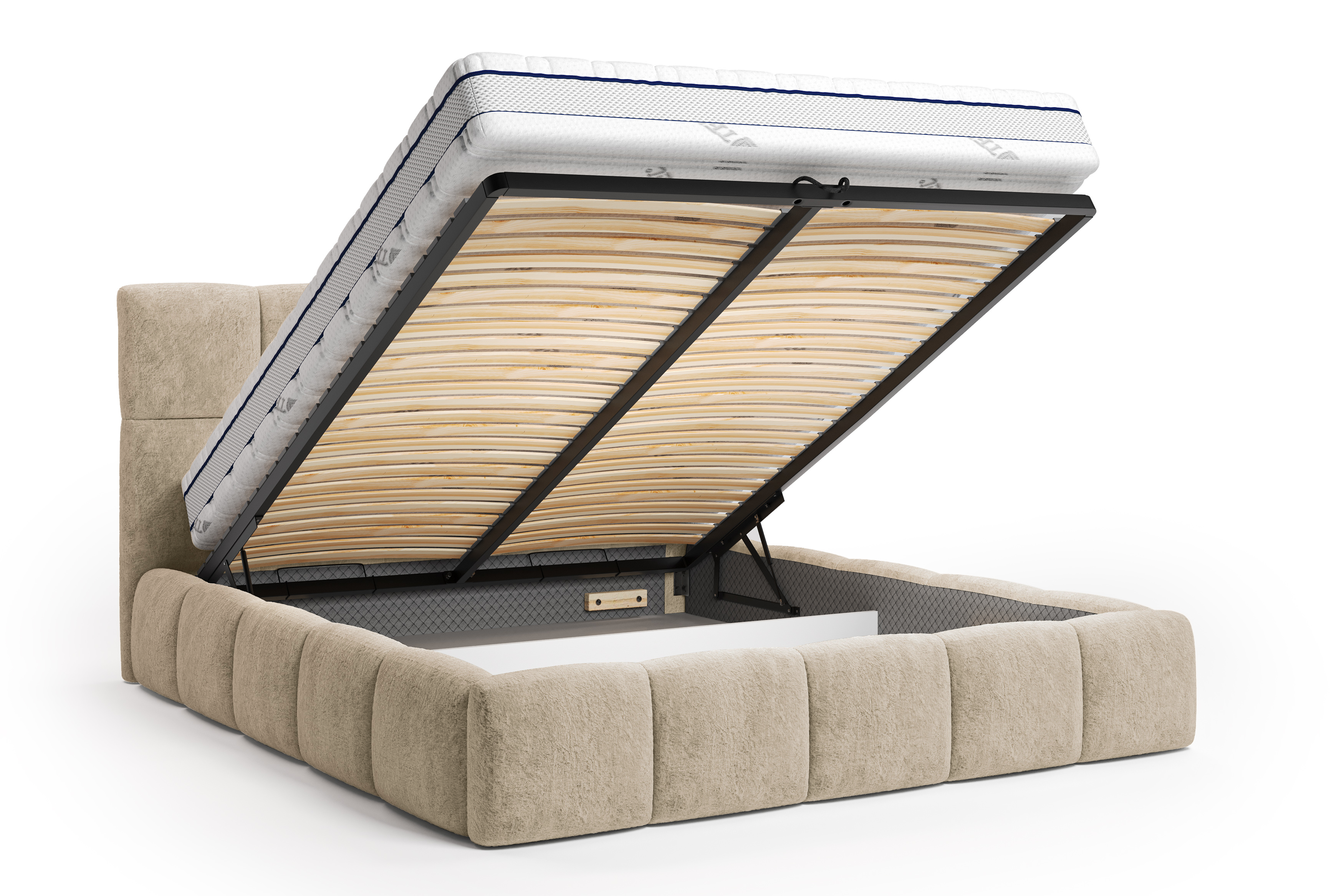 Lit coffre Steinkerque 140x200 cm en tissu peluche à poil long beige Paname Avenue, coffre de rangement ouvert sur fond blanc