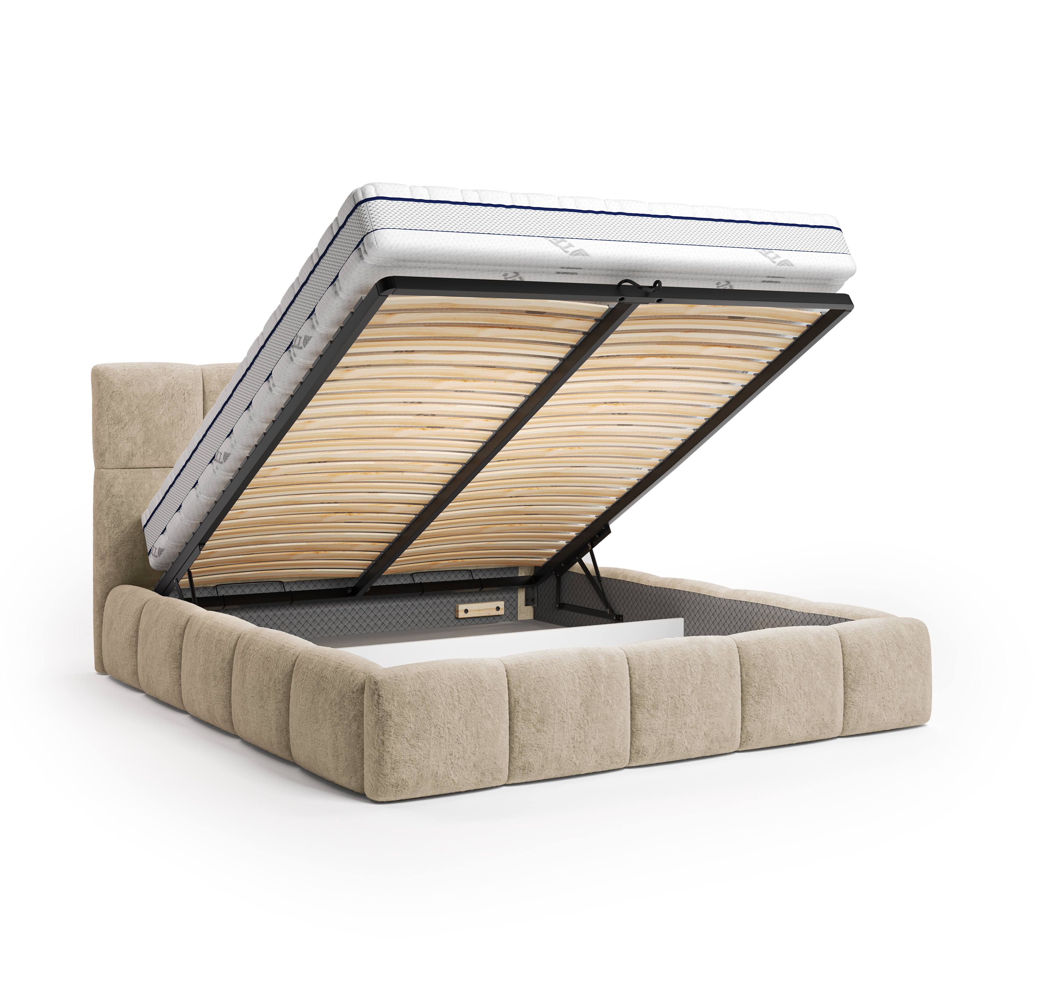 Lit coffre Steinkerque 140x200 cm en tissu peluche à poil long beige Paname Avenue, coffre de rangement ouvert sur fond blanc