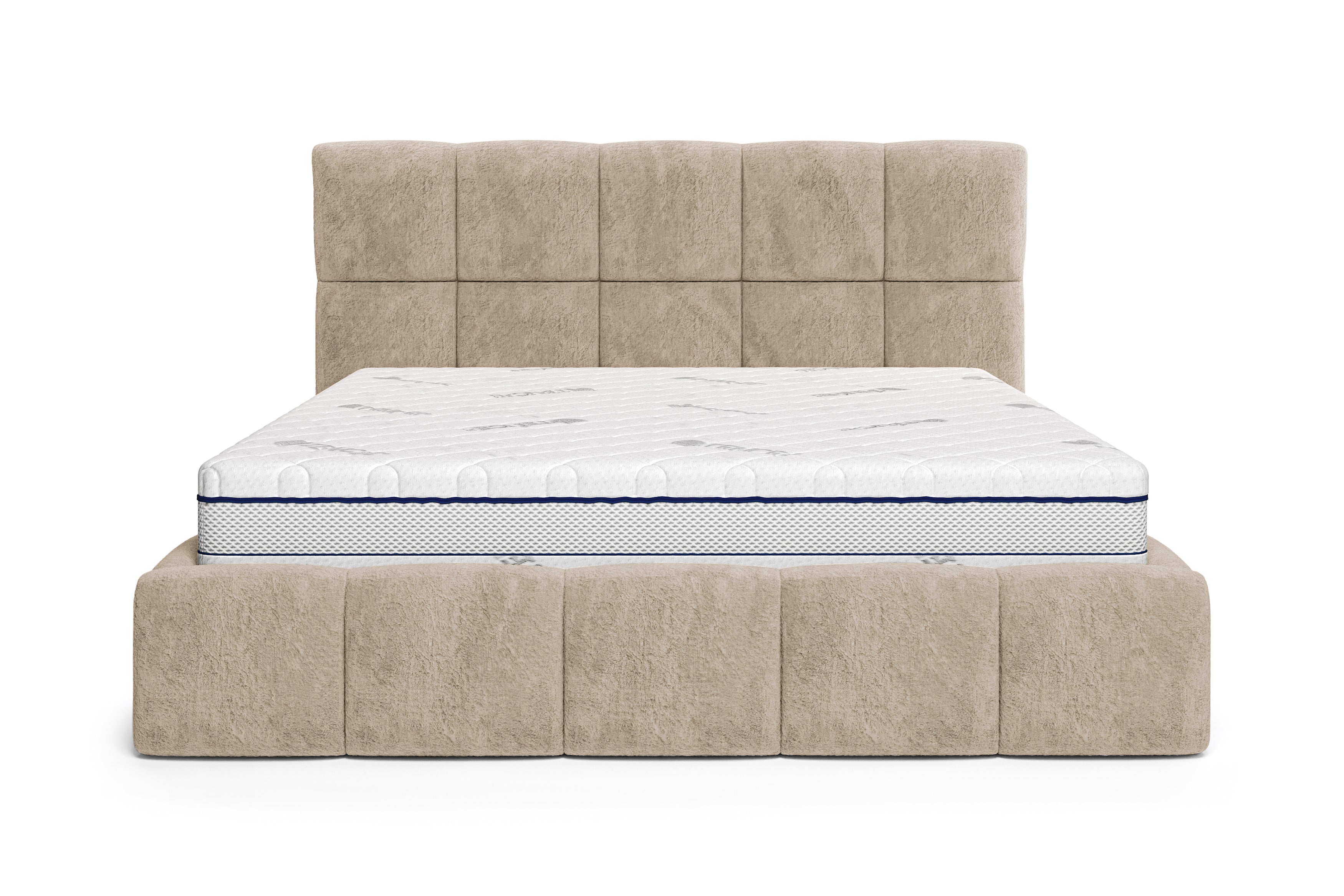 Lit coffre Steinkerque 140x200 cm en tissu peluche à poil long beige Paname Avenue, vue de face sur fond blanc