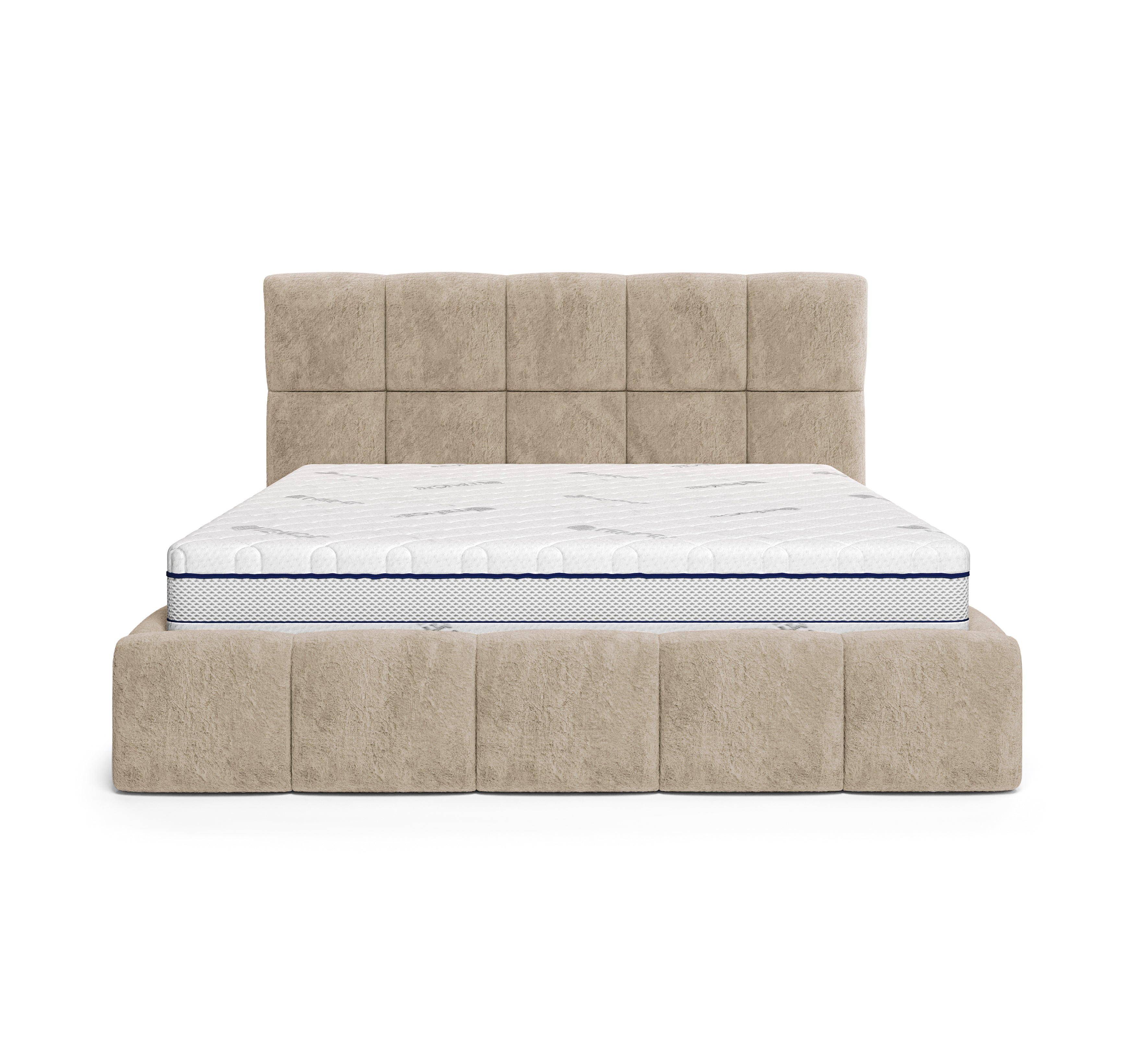 Lit coffre Steinkerque 140x200 cm en tissu peluche à poil long beige Paname Avenue, vue de face sur fond blanc