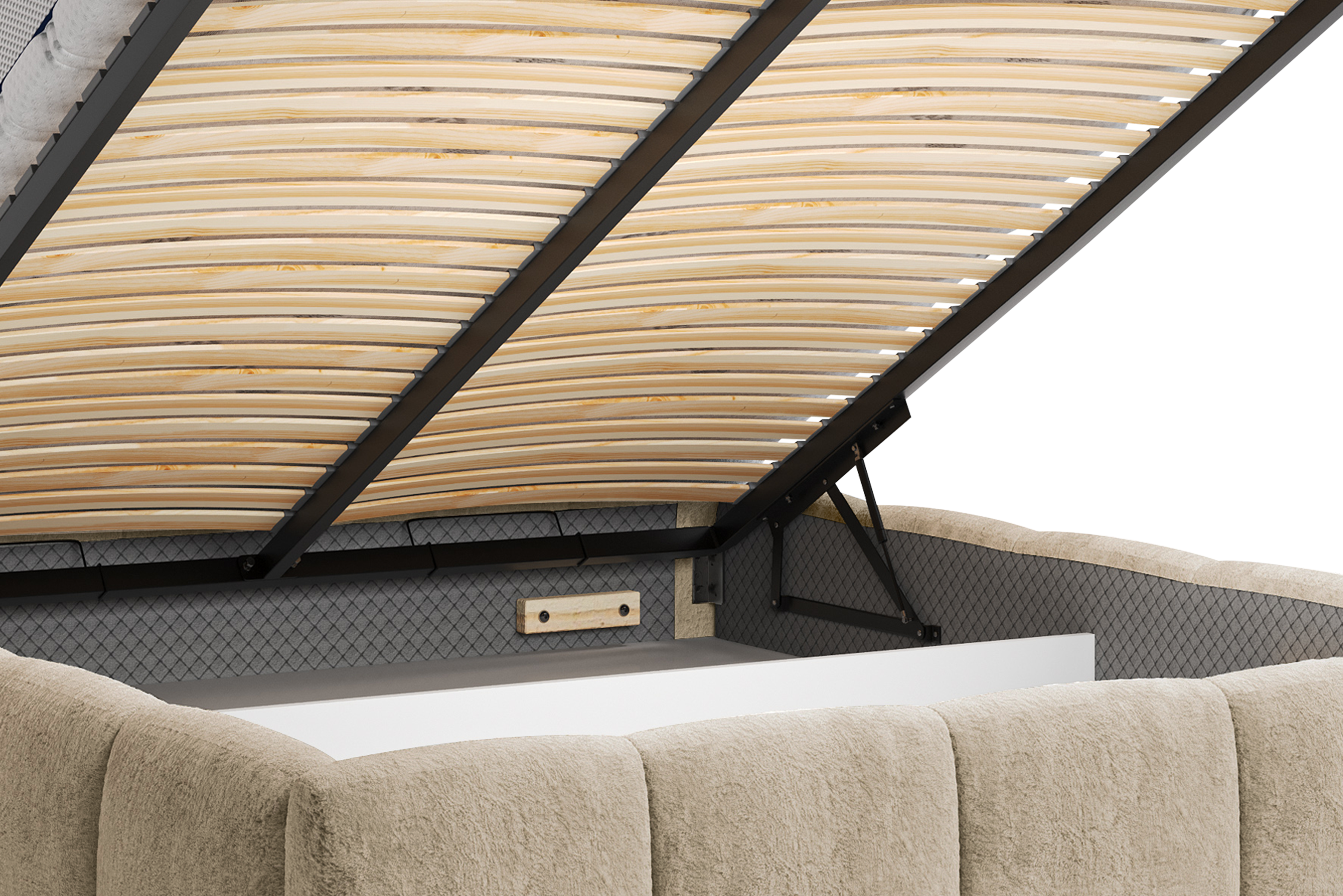 Lit coffre Steinkerque 140x200 cm en tissu peluche à poil long beige Paname Avenue, zoom sur le mécanisme de levage