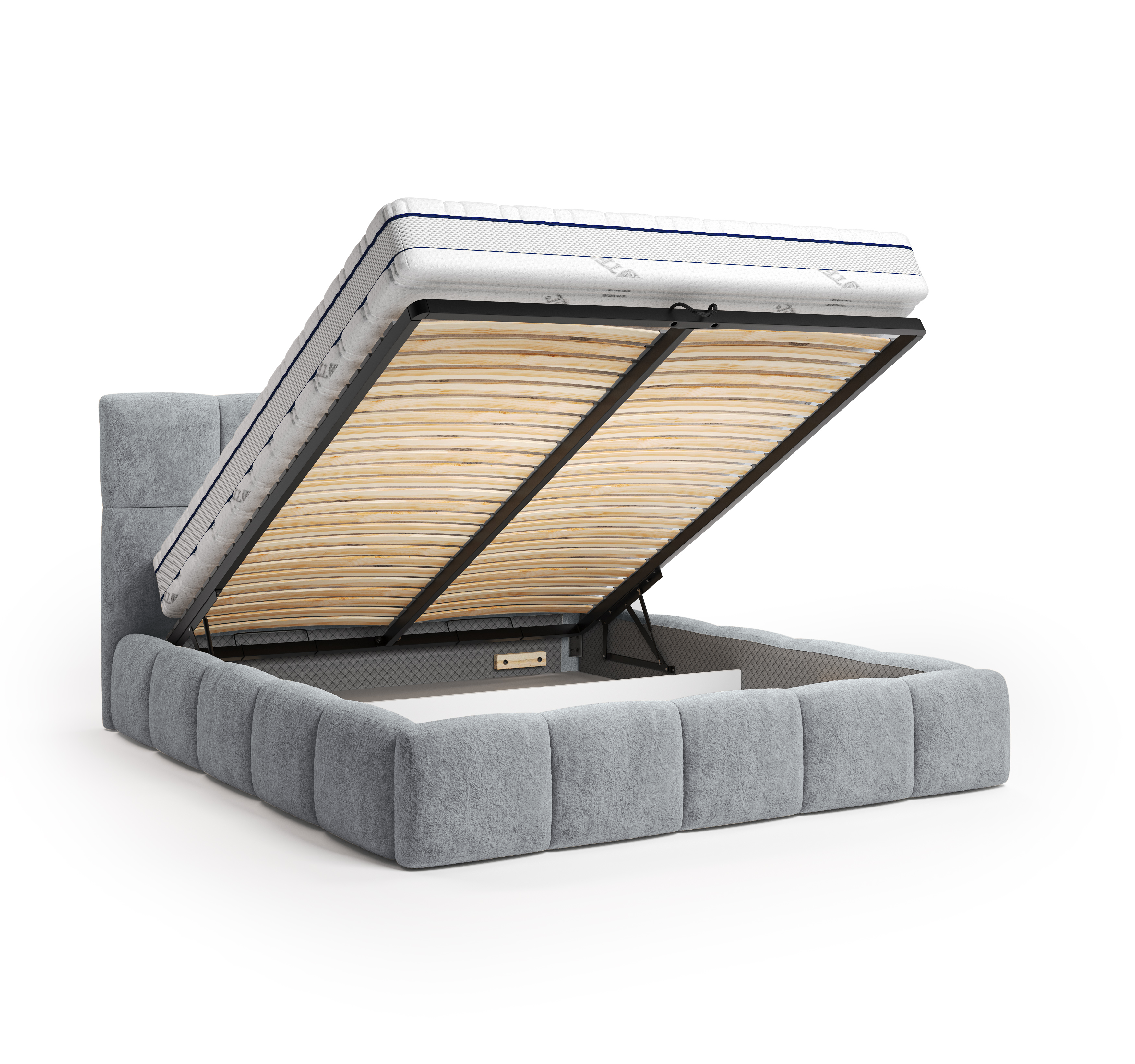 Lit coffre Steinkerque 140x200 cm en tissu peluche à poil long gris clair Paname Avenue, coffre de rangement ouvert sur fond blanc