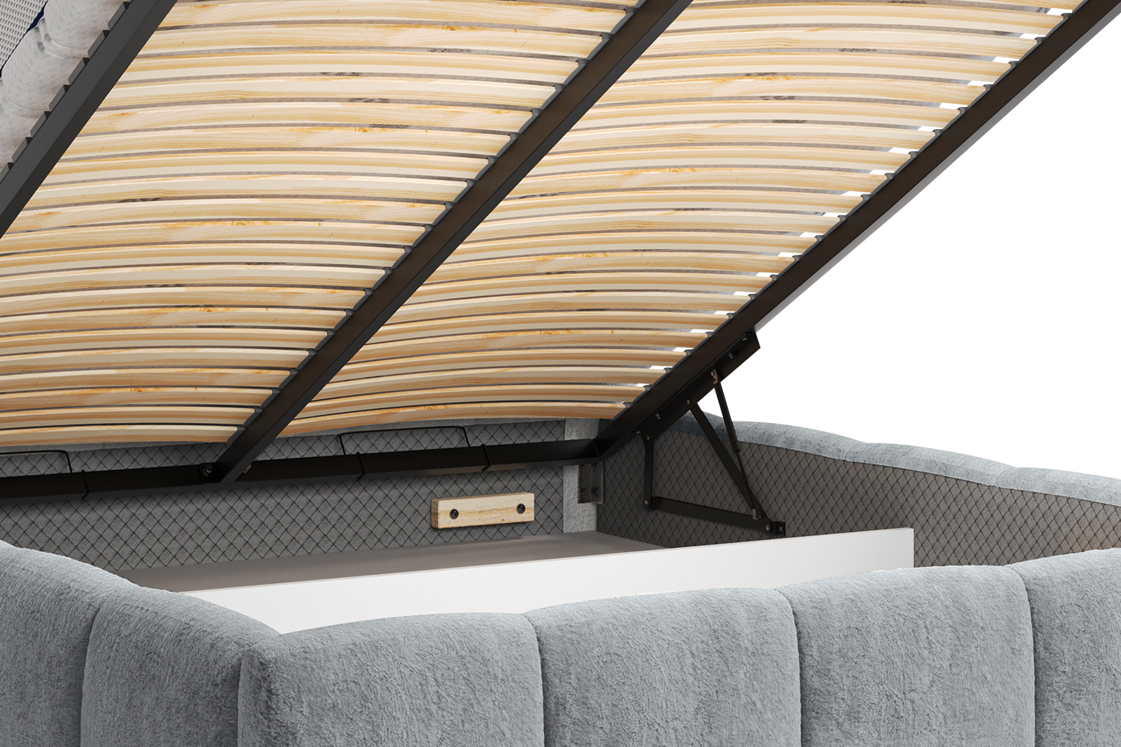 Lit coffre Steinkerque 140x200 cm en tissu peluche à poil long gris clair Paname Avenue, zoom sur le mécanisme de levage