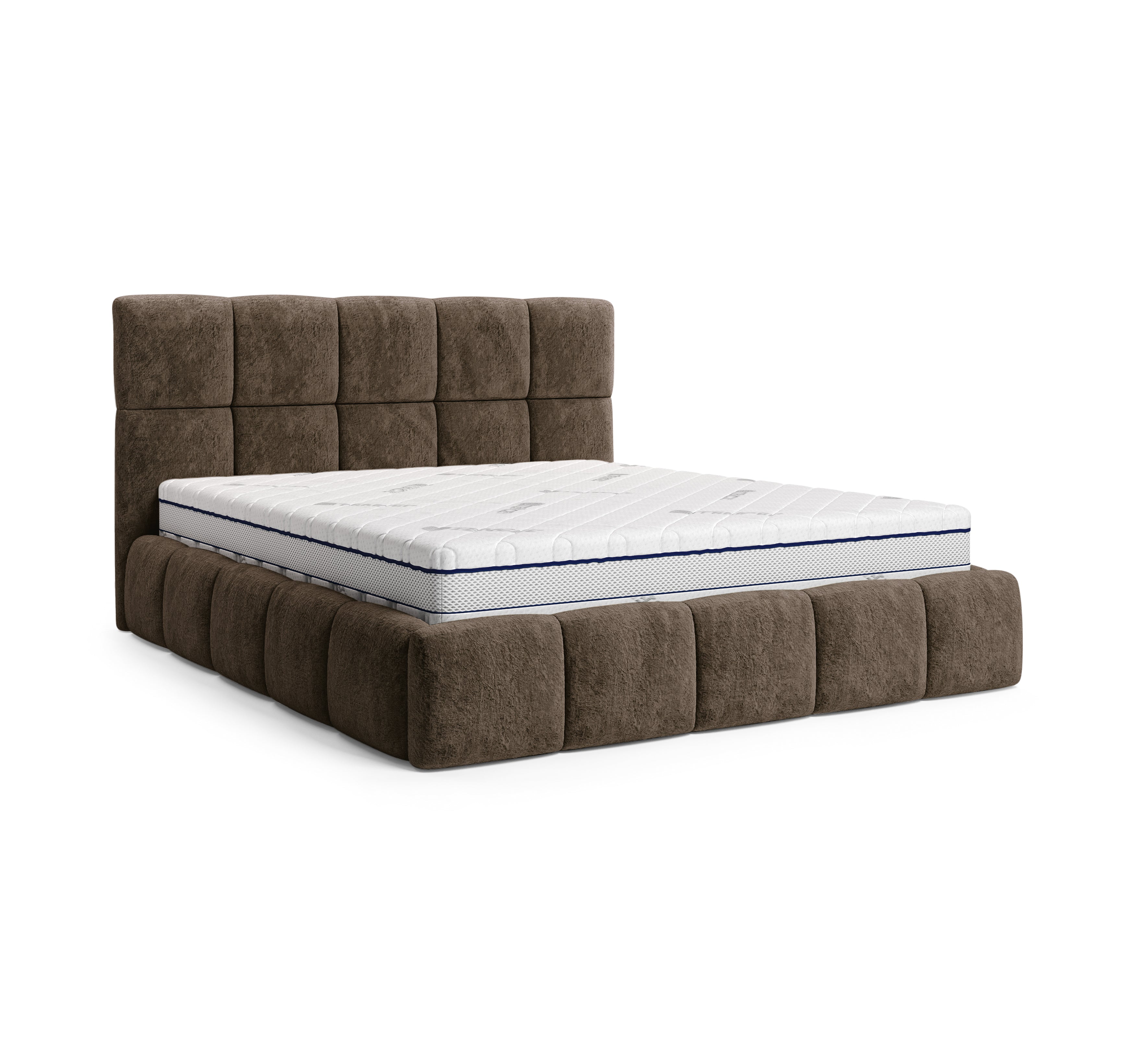 Lit coffre Steinkerque 140x200 cm en tissu peluche à poil long marron Paname Avenue, vue trois-quarts sur fond blanc