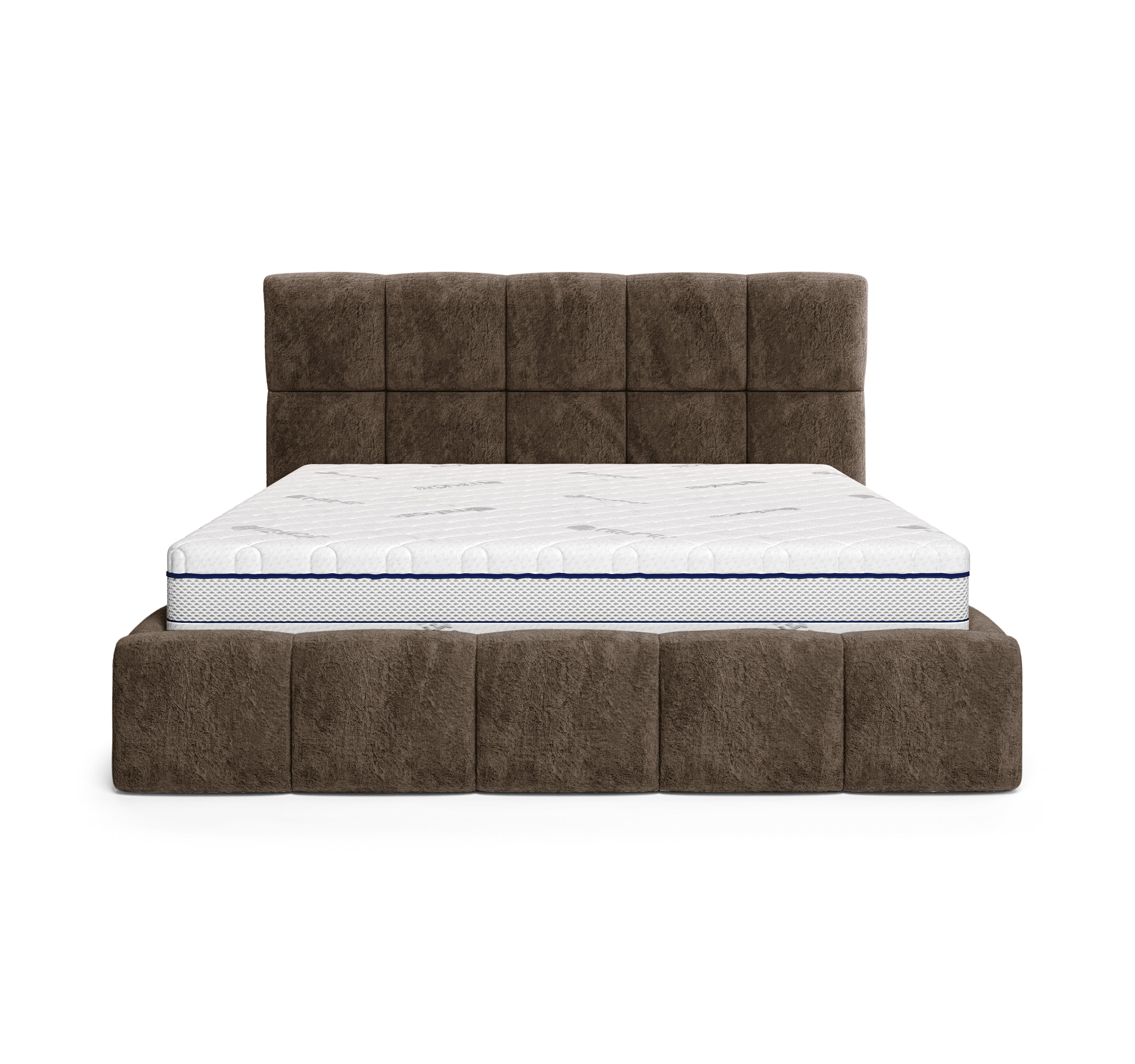 Lit coffre Steinkerque 140x200 cm en tissu peluche à poil long marron Paname Avenue, vue de face sur fond blanc