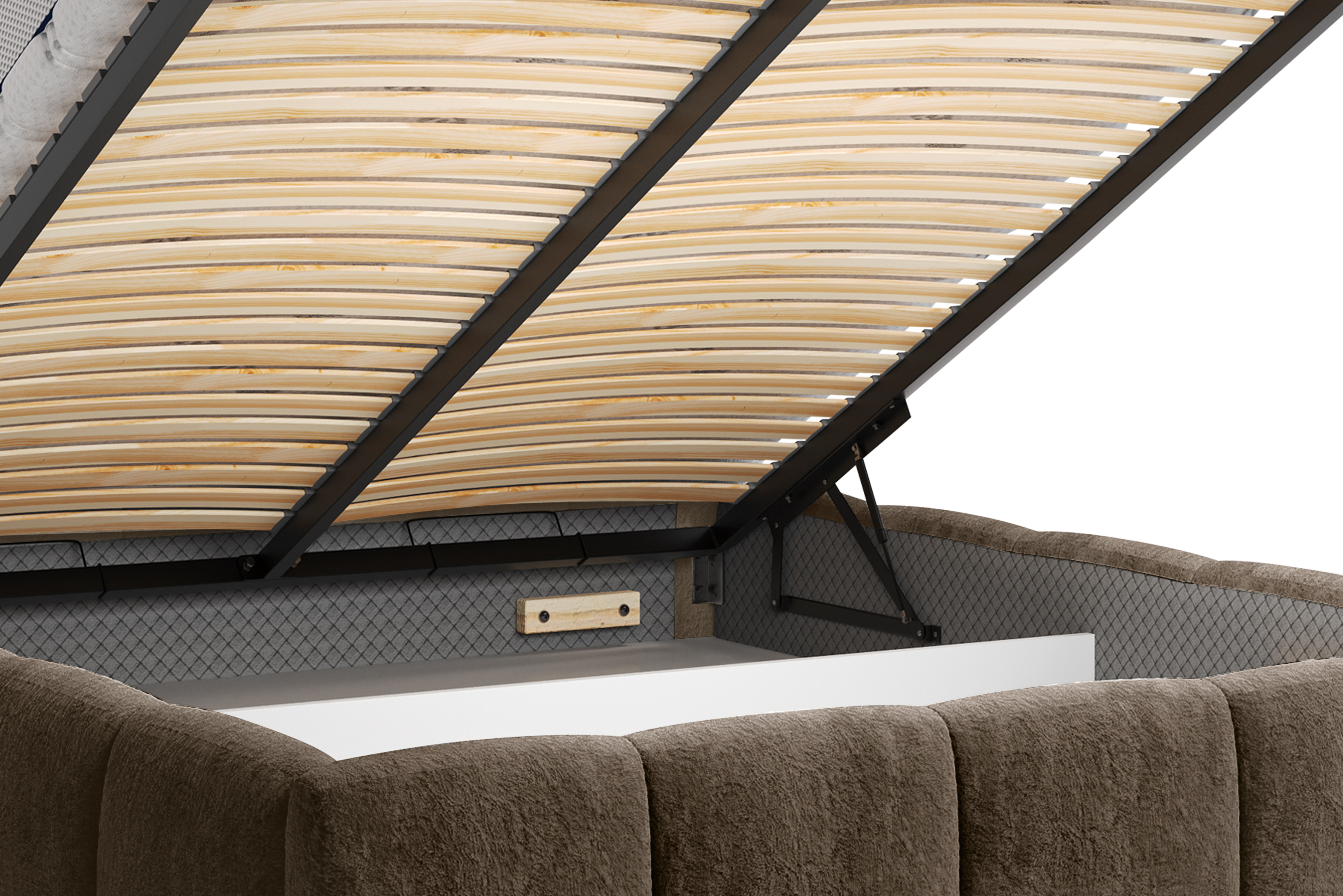 Lit coffre Steinkerque 140x200 cm en tissu peluche à poil long marron Paname Avenue, zoom sur le mécanisme de levage