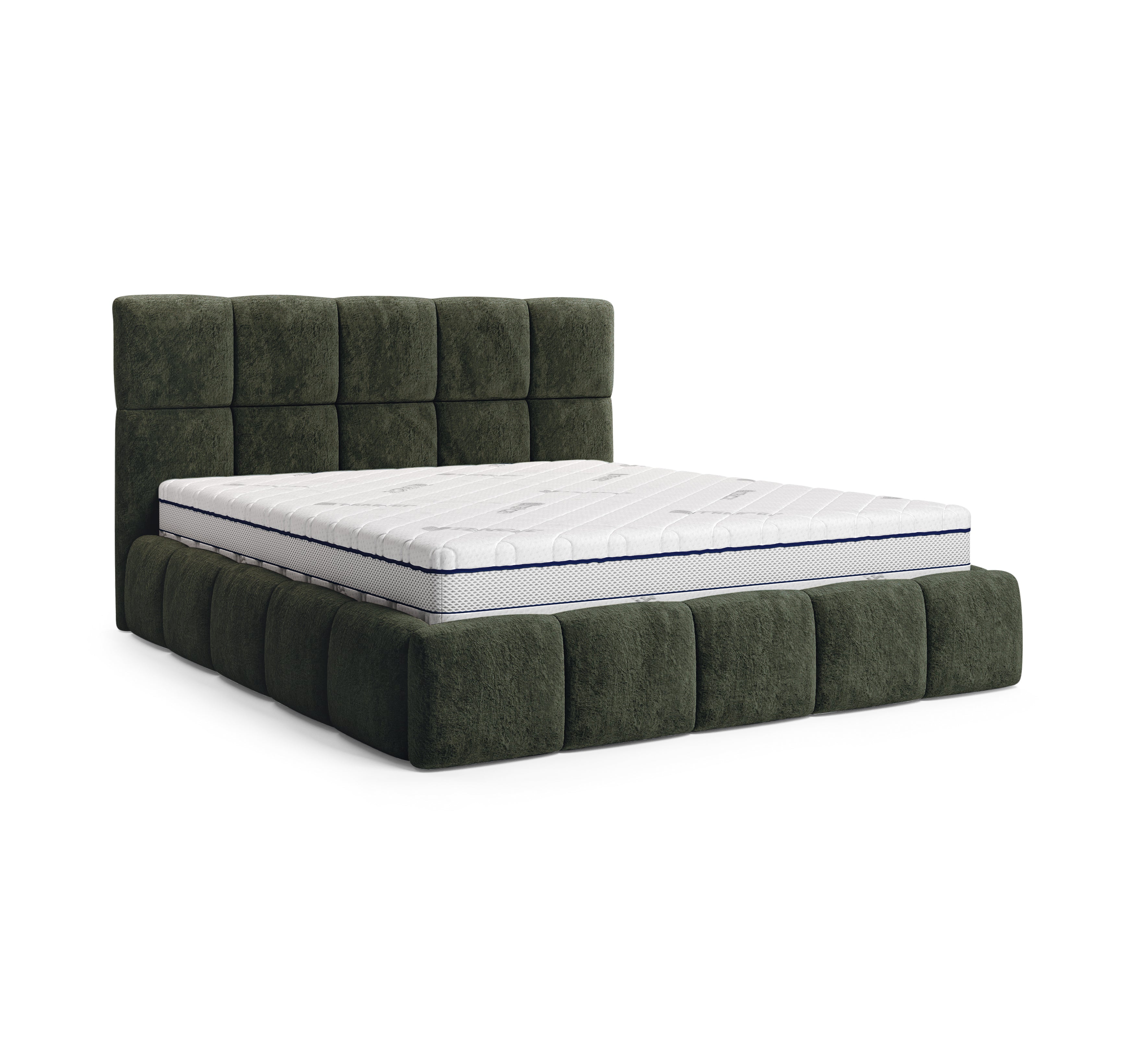 Lit coffre Steinkerque 140x200 cm en tissu peluche à poil long vert olive Paname Avenue, vue trois-quarts sur fond blanc