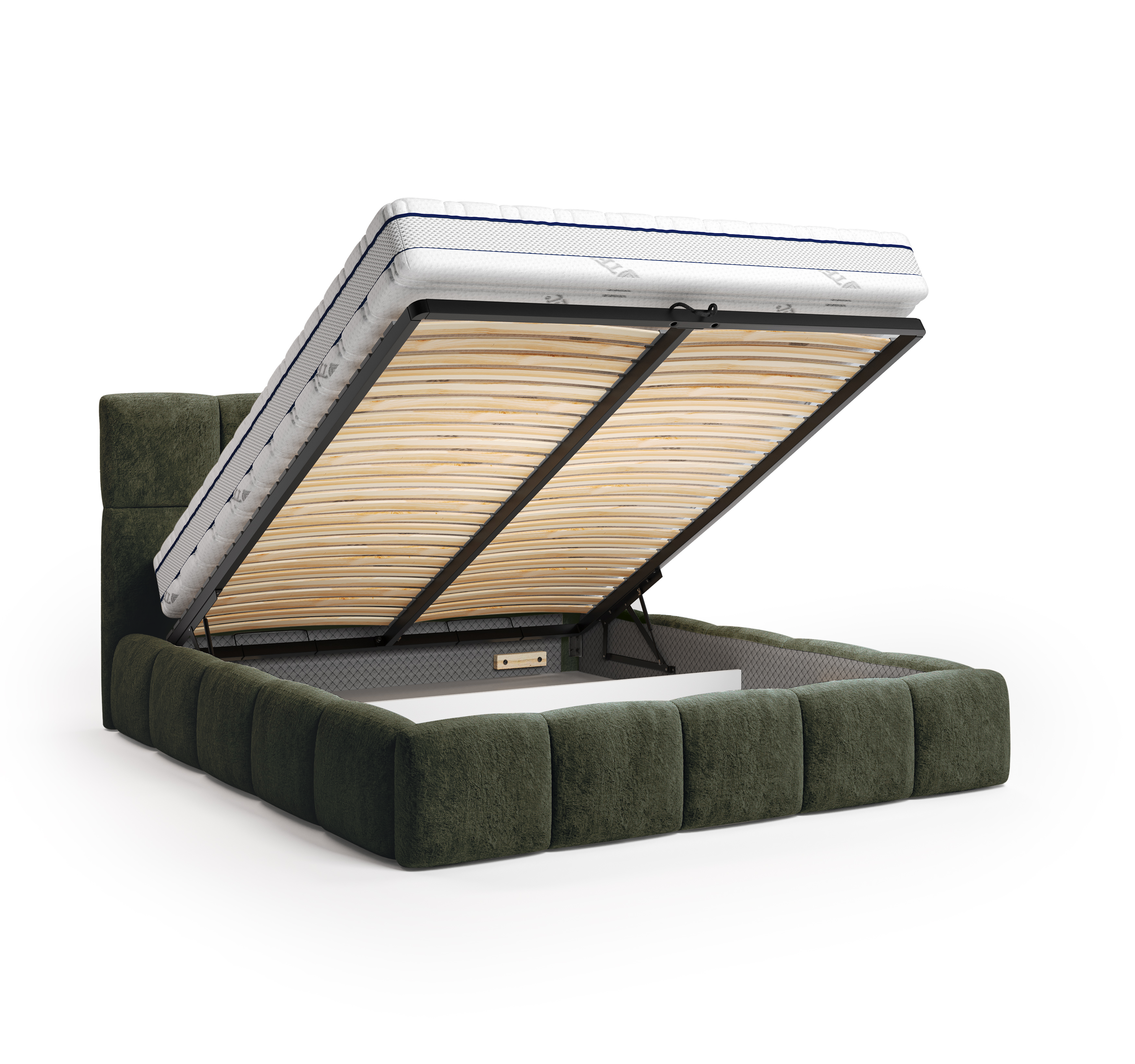 Lit coffre Steinkerque 140x200 cm en tissu peluche à poil long vert olive Paname Avenue, coffre de rangement ouvert sur fond blanc