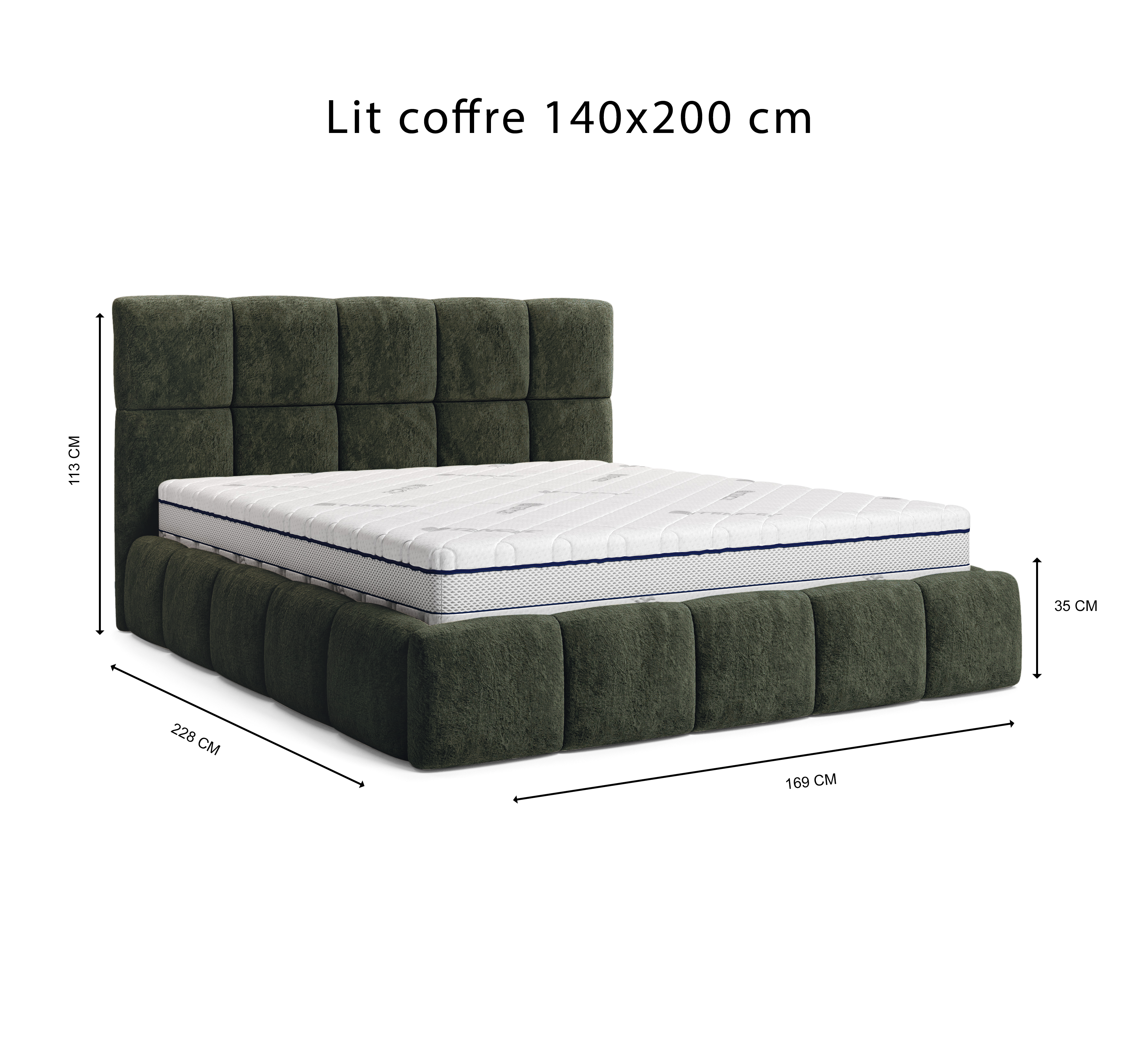 Lit coffre Steinkerque 140x200 cm en tissu peluche à poil long vert olive Paname Avenue, schéma des dimensions du lit