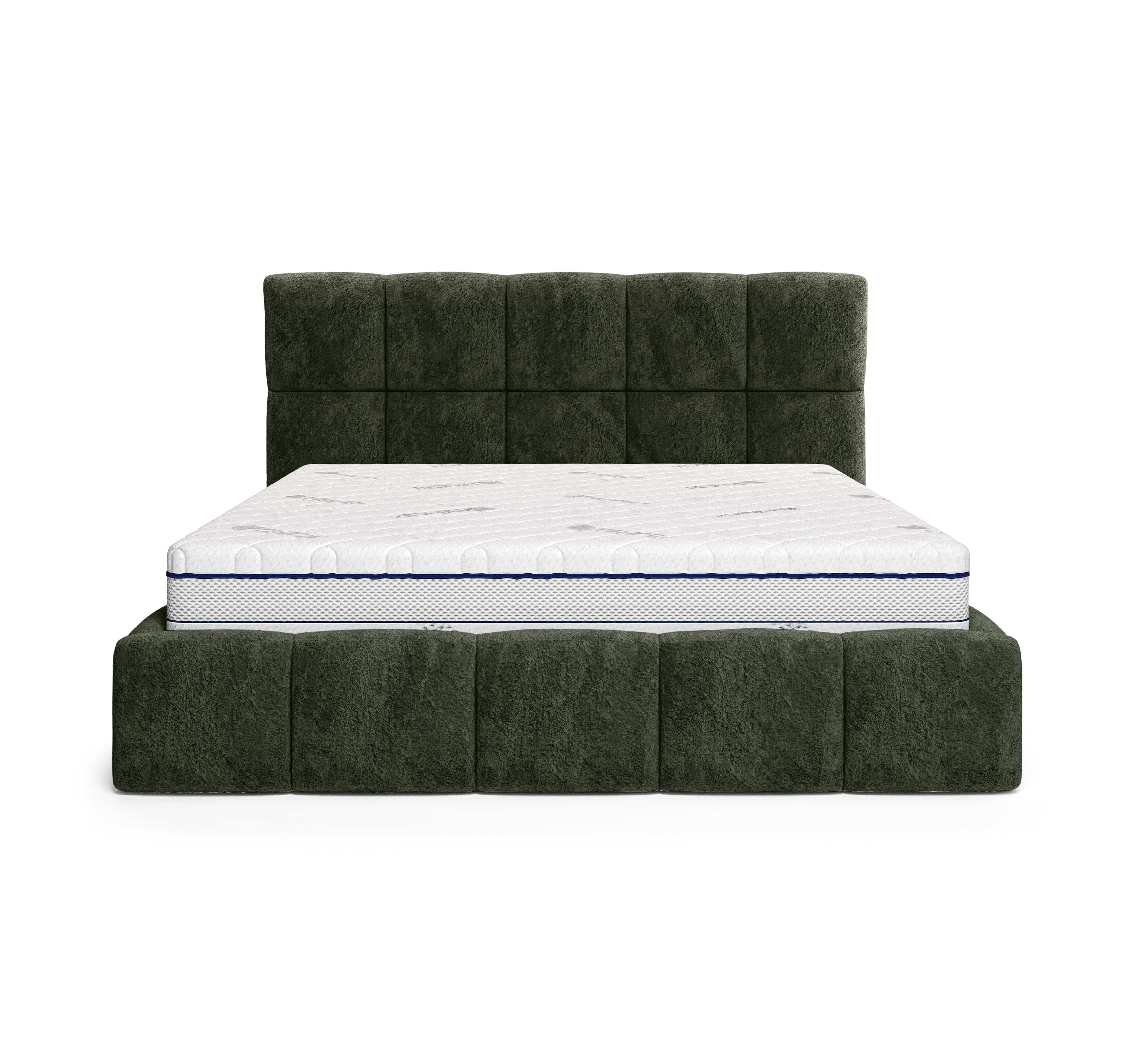 Lit coffre Steinkerque 140x200 cm en tissu peluche à poil long vert olive Paname Avenue, vue de face sur fond blanc