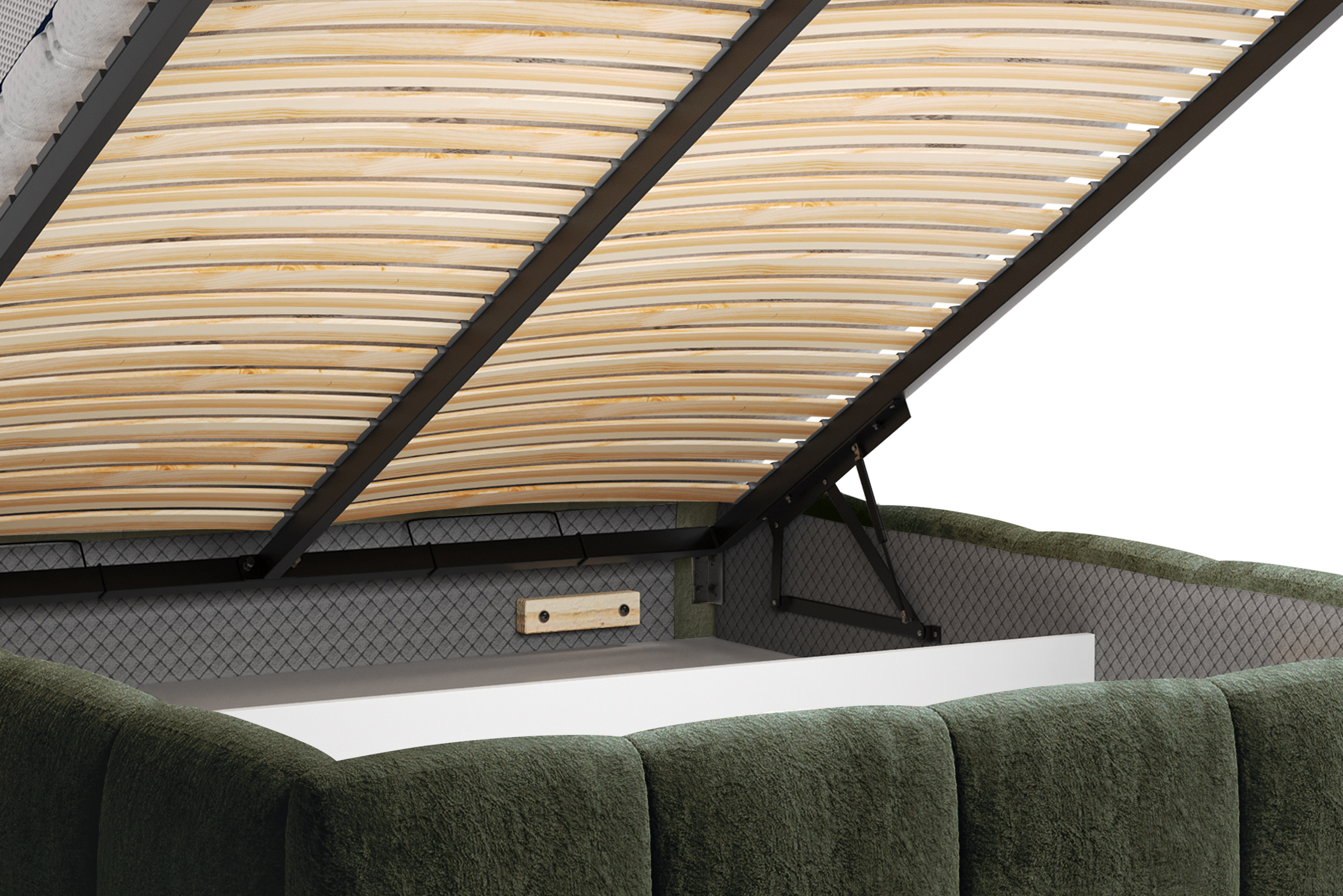 Lit coffre Steinkerque 140x200 cm en tissu peluche à poil long vert olive Paname Avenue, zoom sur le mécanisme de levage