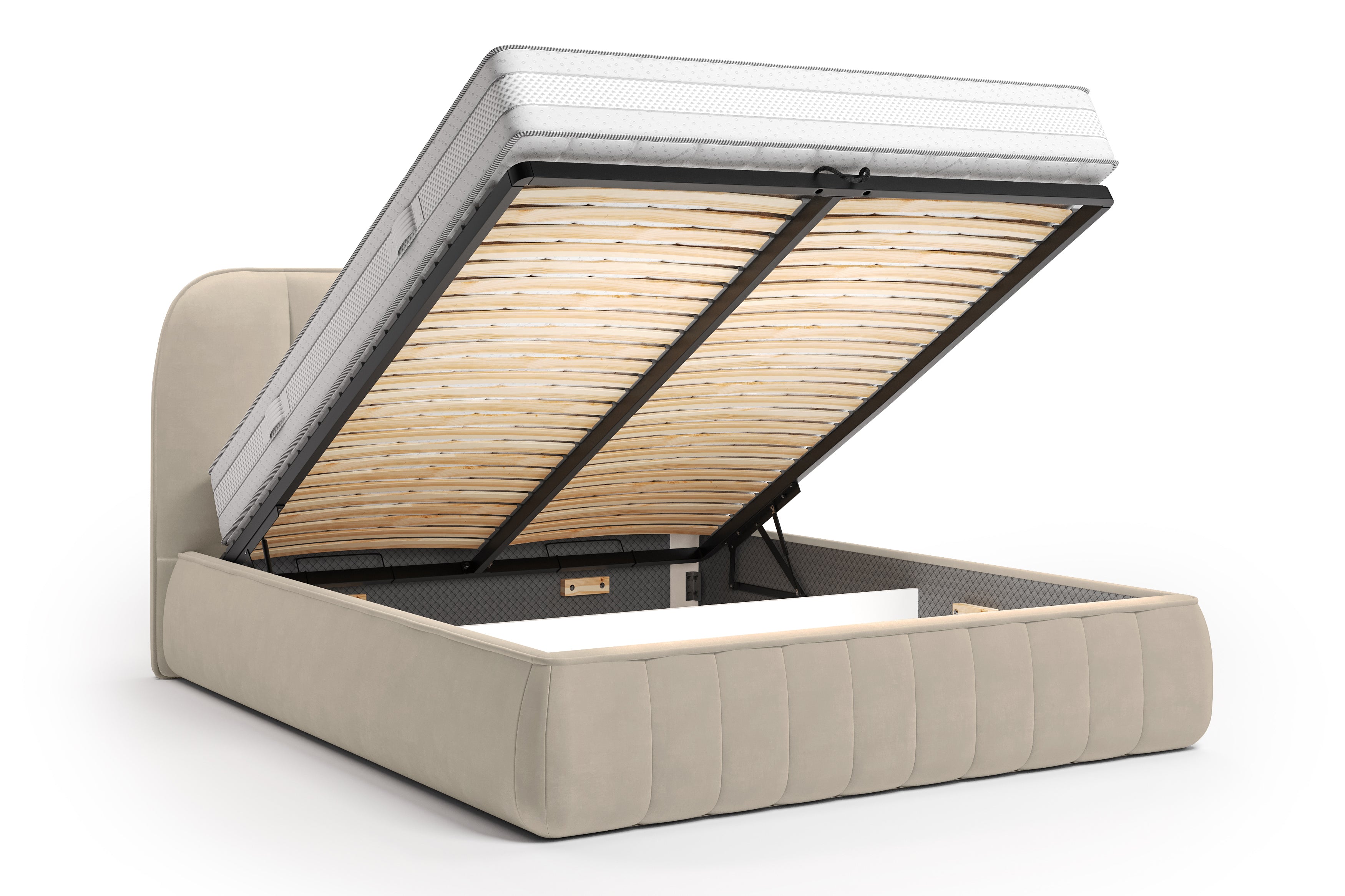 Lit coffre Timbaud 140x200 en tissu velours lisse beige Paname Avenue, coffre de rangement ouvert sur fond blanc