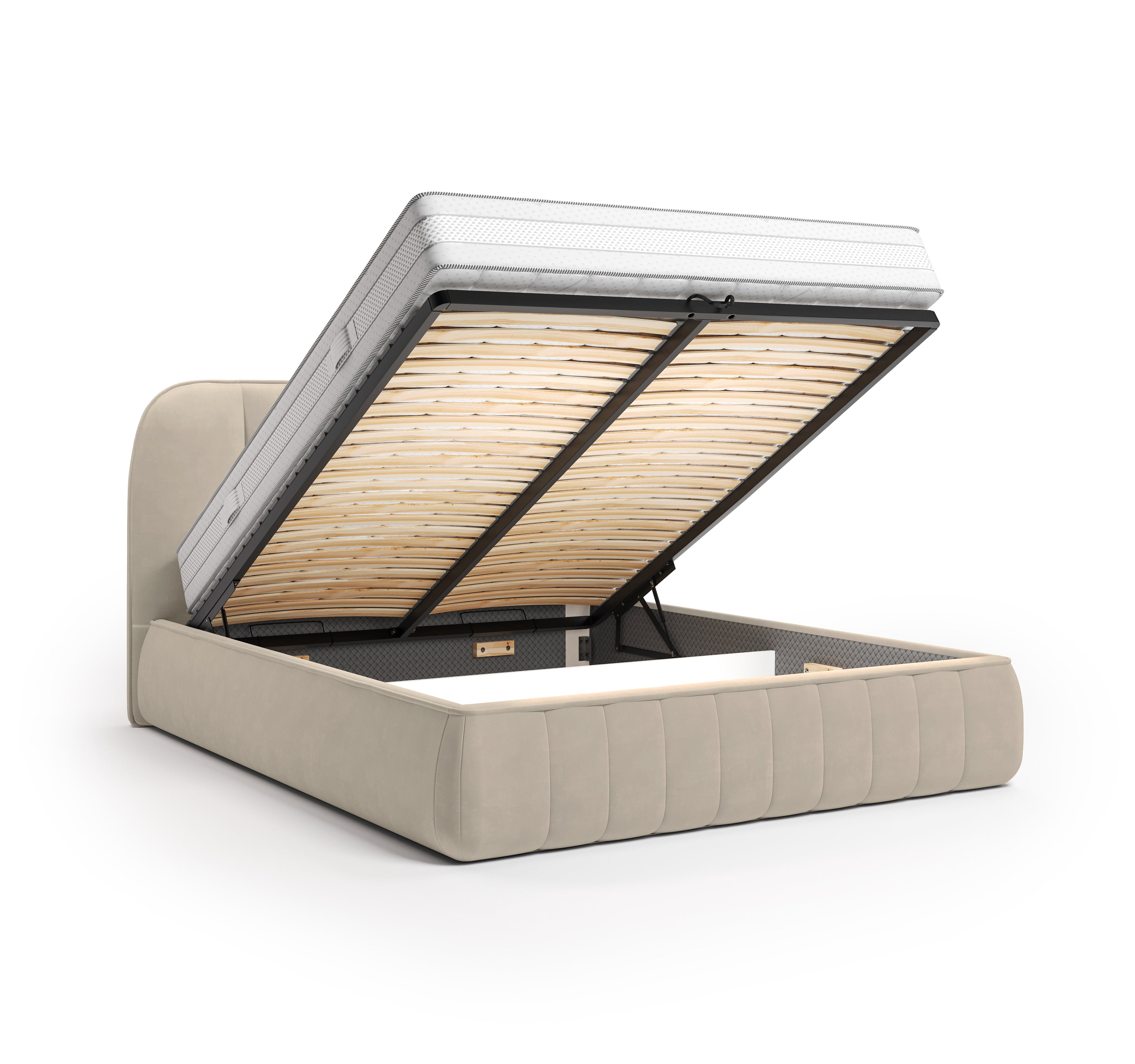 Lit coffre Timbaud 140x200 en tissu velours lisse beige Paname Avenue, coffre de rangement ouvert sur fond blanc