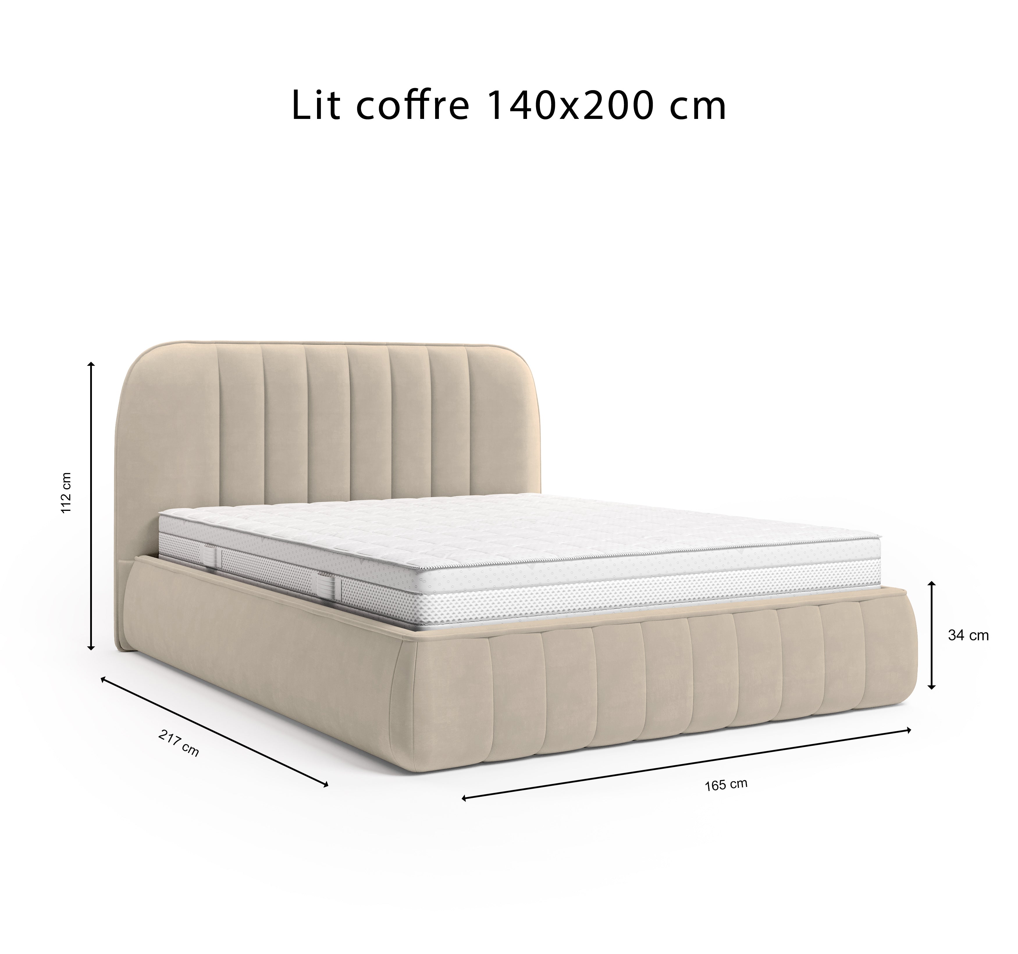 Lit coffre Timbaud 140x200 en tissu velours lisse beige Paname Avenue, schéma des dimensions du lit