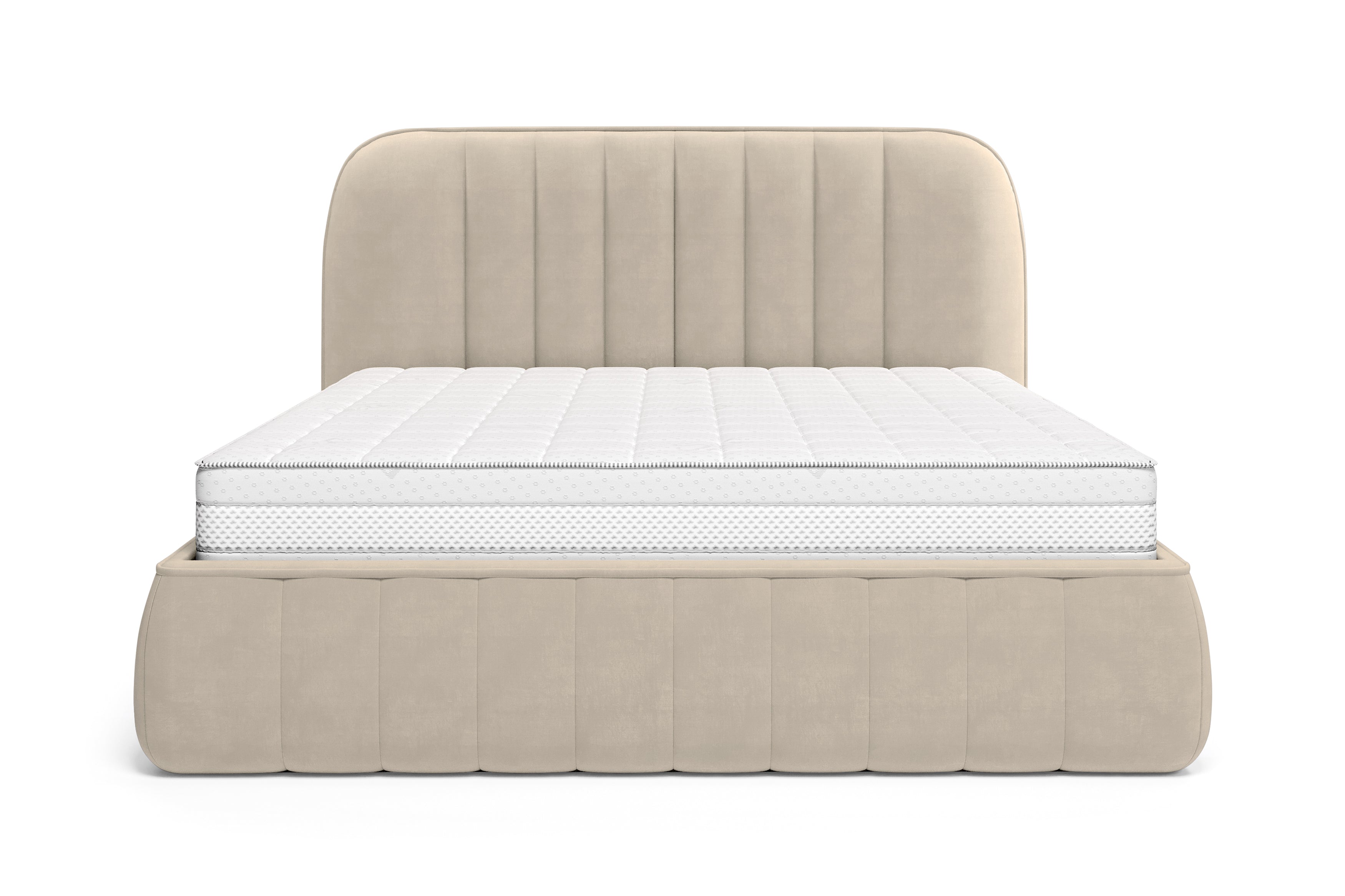 Lit coffre Timbaud 140x200 en tissu velours lisse beige Paname Avenue, vue de face sur fond blanc