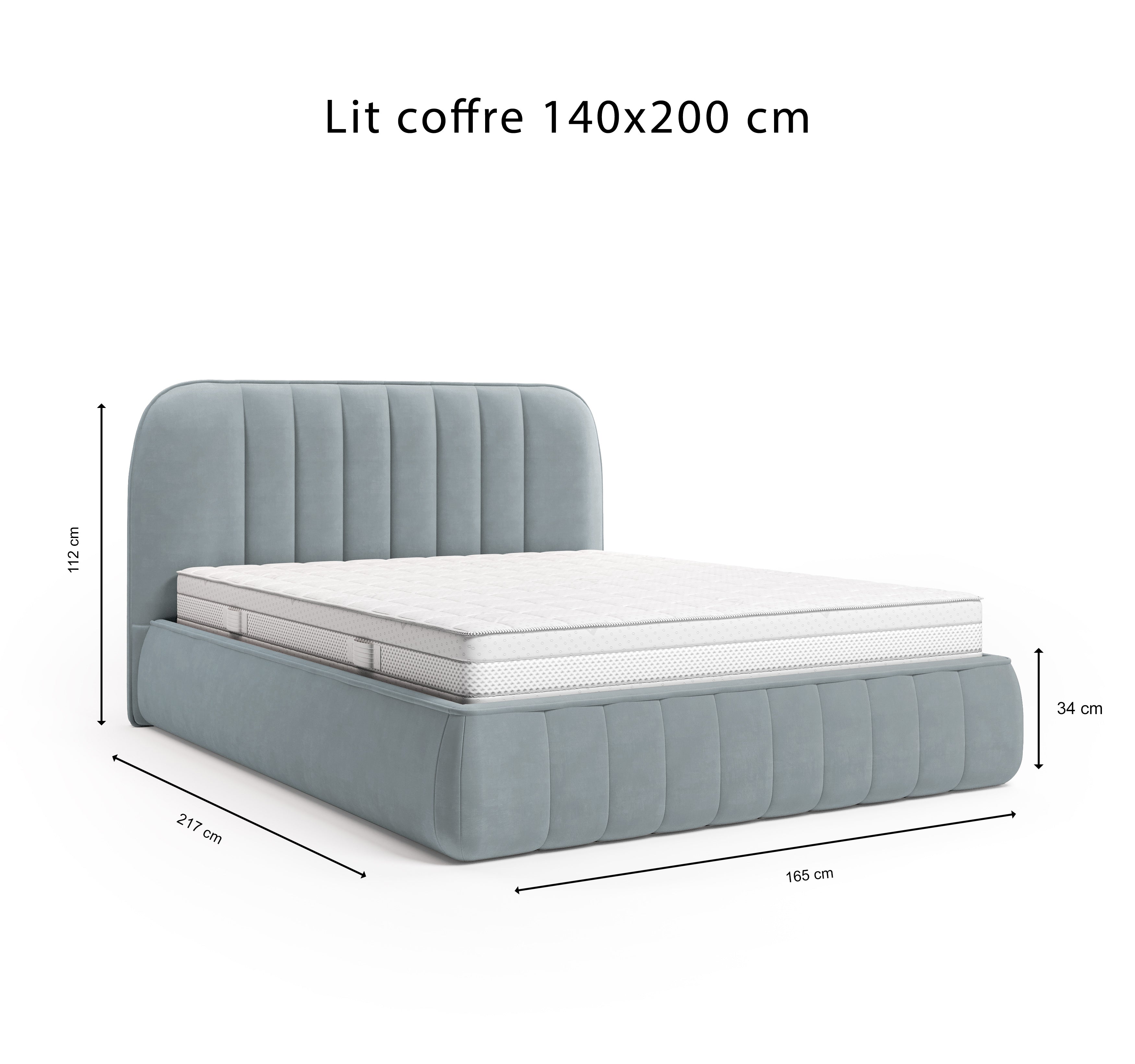 Lit coffre Timbaud 140x200 en tissu velours lisse gris clair Paname Avenue, schéma des dimensions du lit