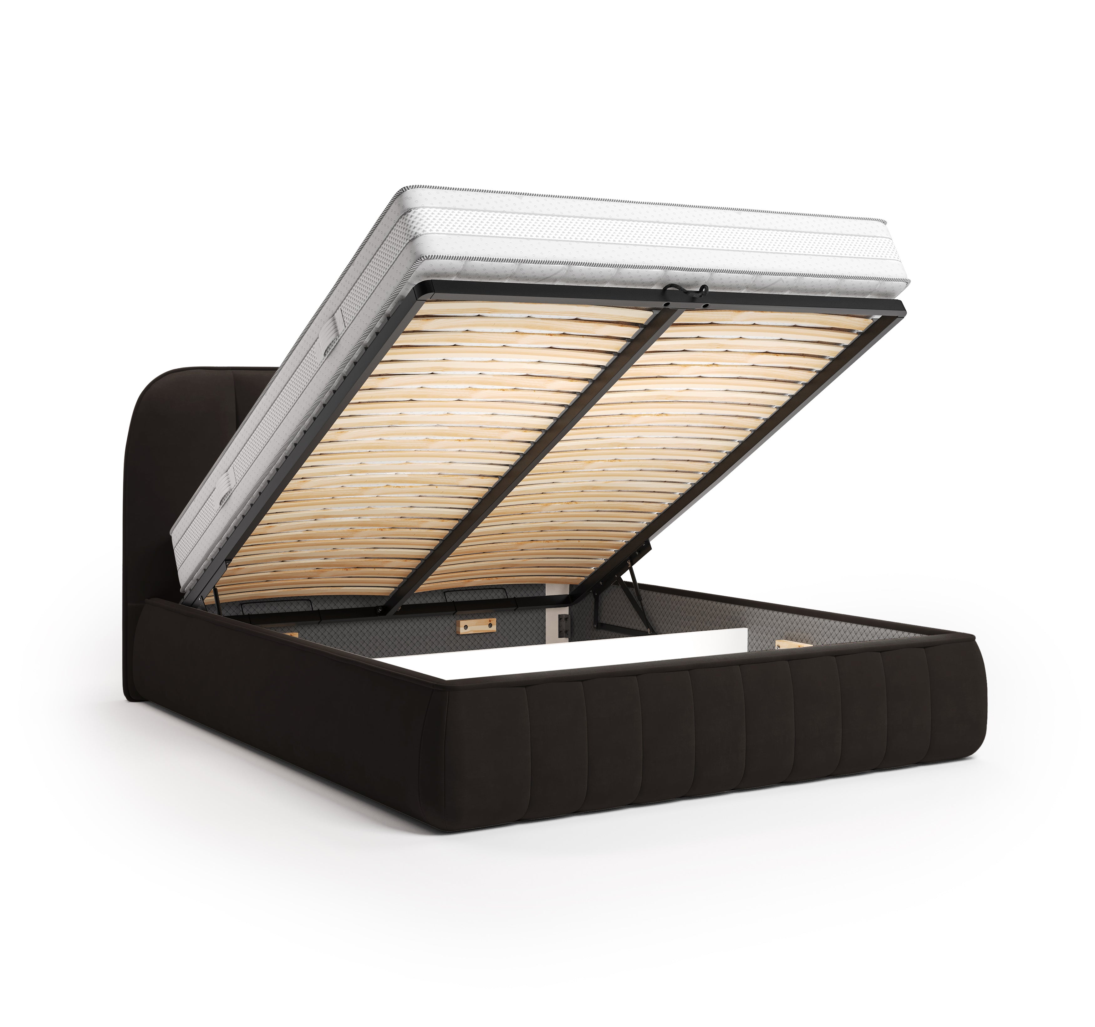 Lit coffre Timbaud 140x200 en tissu velours lisse marron Paname Avenue, coffre de rangement ouvert sur fond blanc