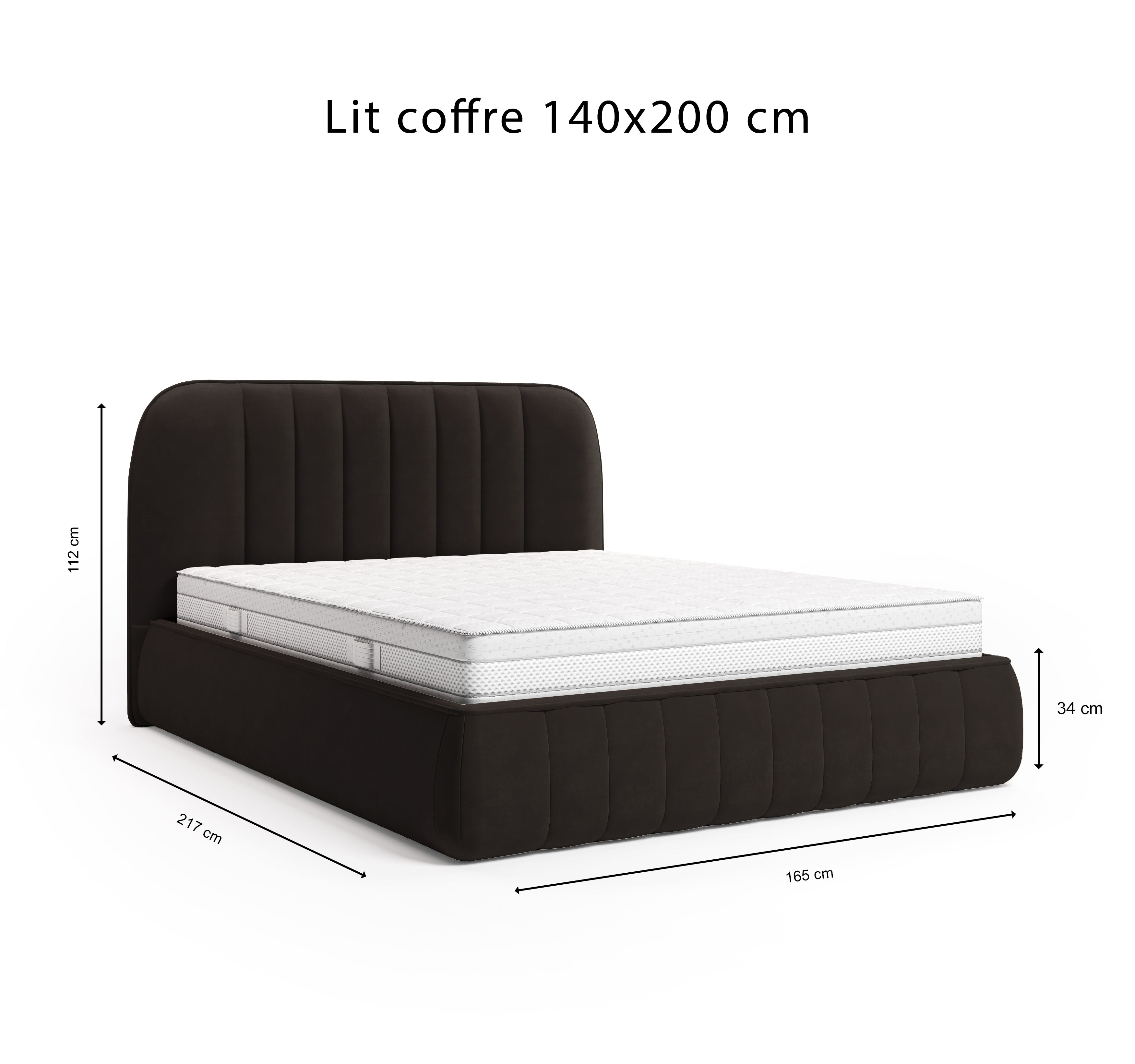Lit coffre Timbaud 140x200 en tissu velours lisse marron Paname Avenue, schéma des dimensions du lit