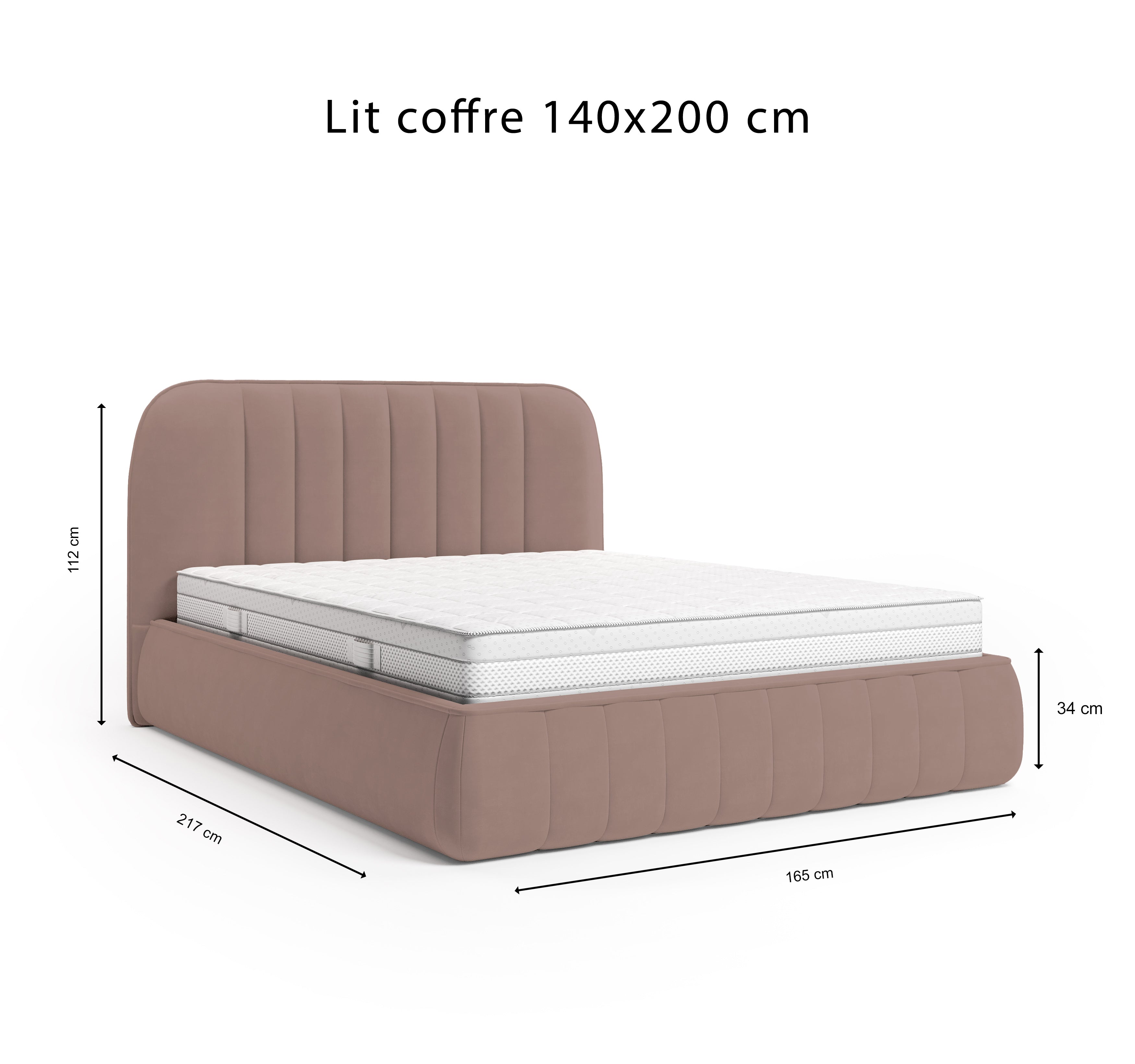 Lit coffre Timbaud 140x200 en tissu velours lisse rose Paname Avenue, schéma des dimensions du lit