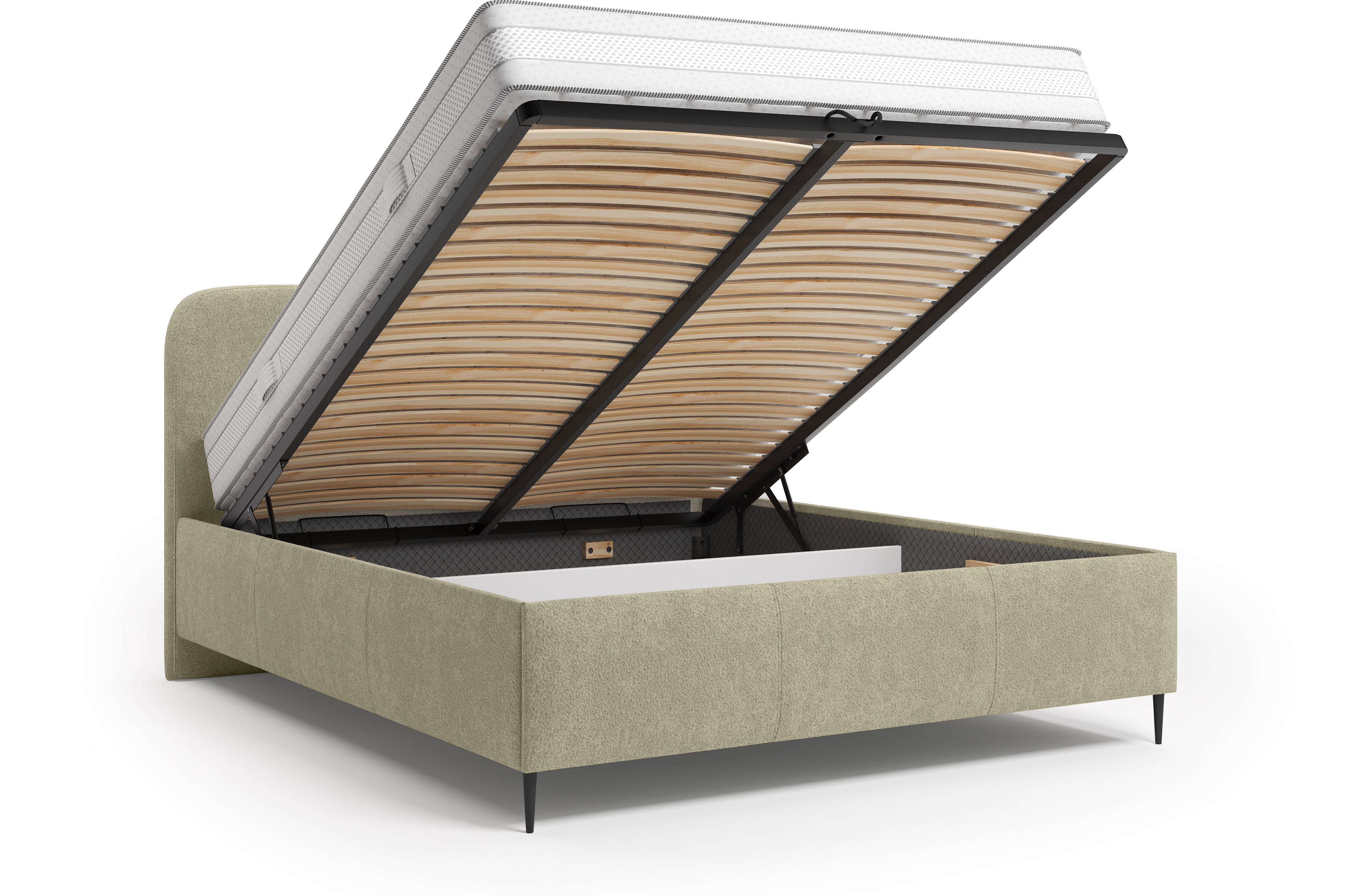 Lit coffre Yves Toudic 140x200 en tissu bouclette beige Paname Avenue, coffre de rangement ouvert sur fond blanc