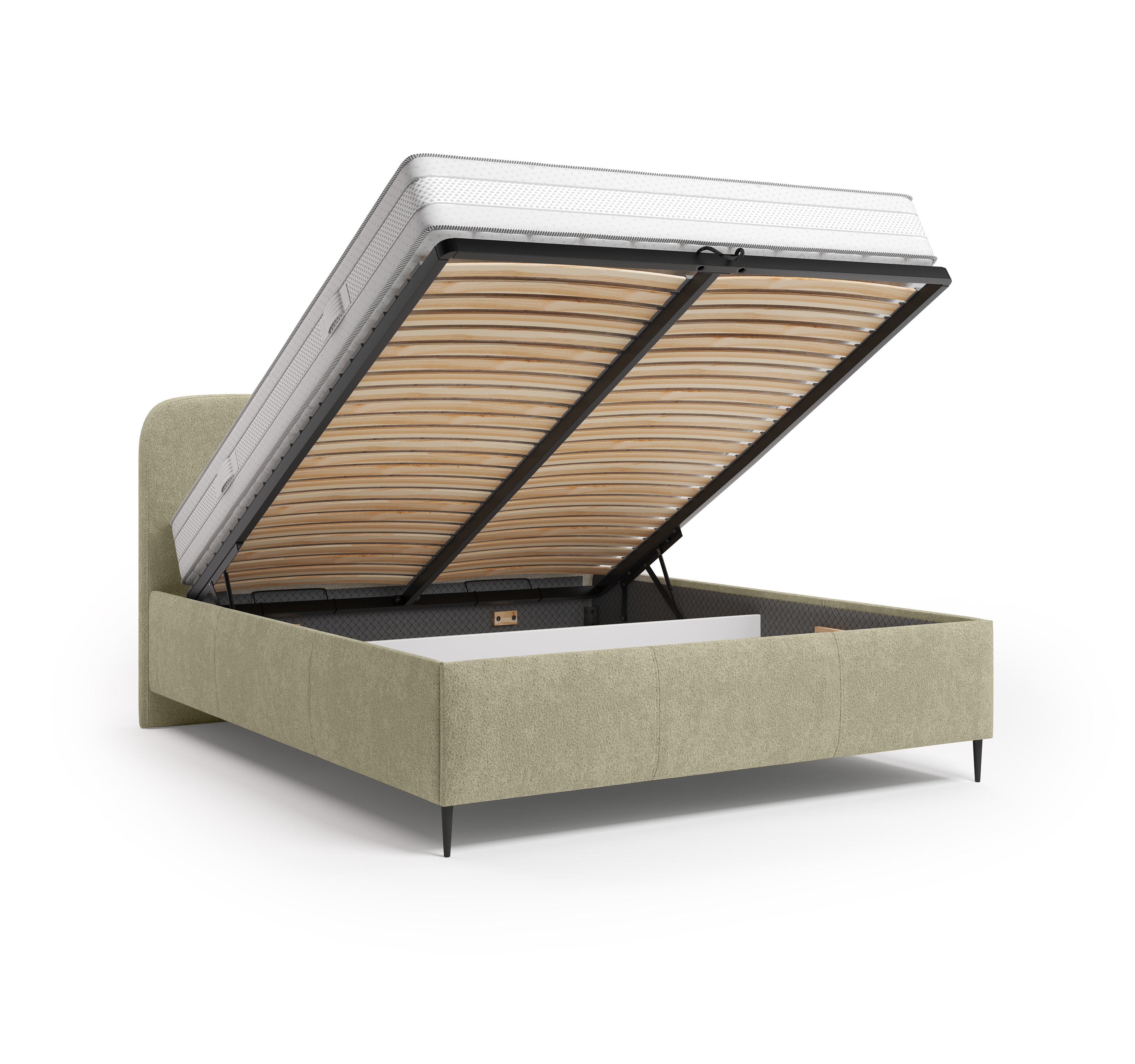 Lit coffre Yves Toudic 140x200 en tissu bouclette beige Paname Avenue, coffre de rangement ouvert sur fond blanc