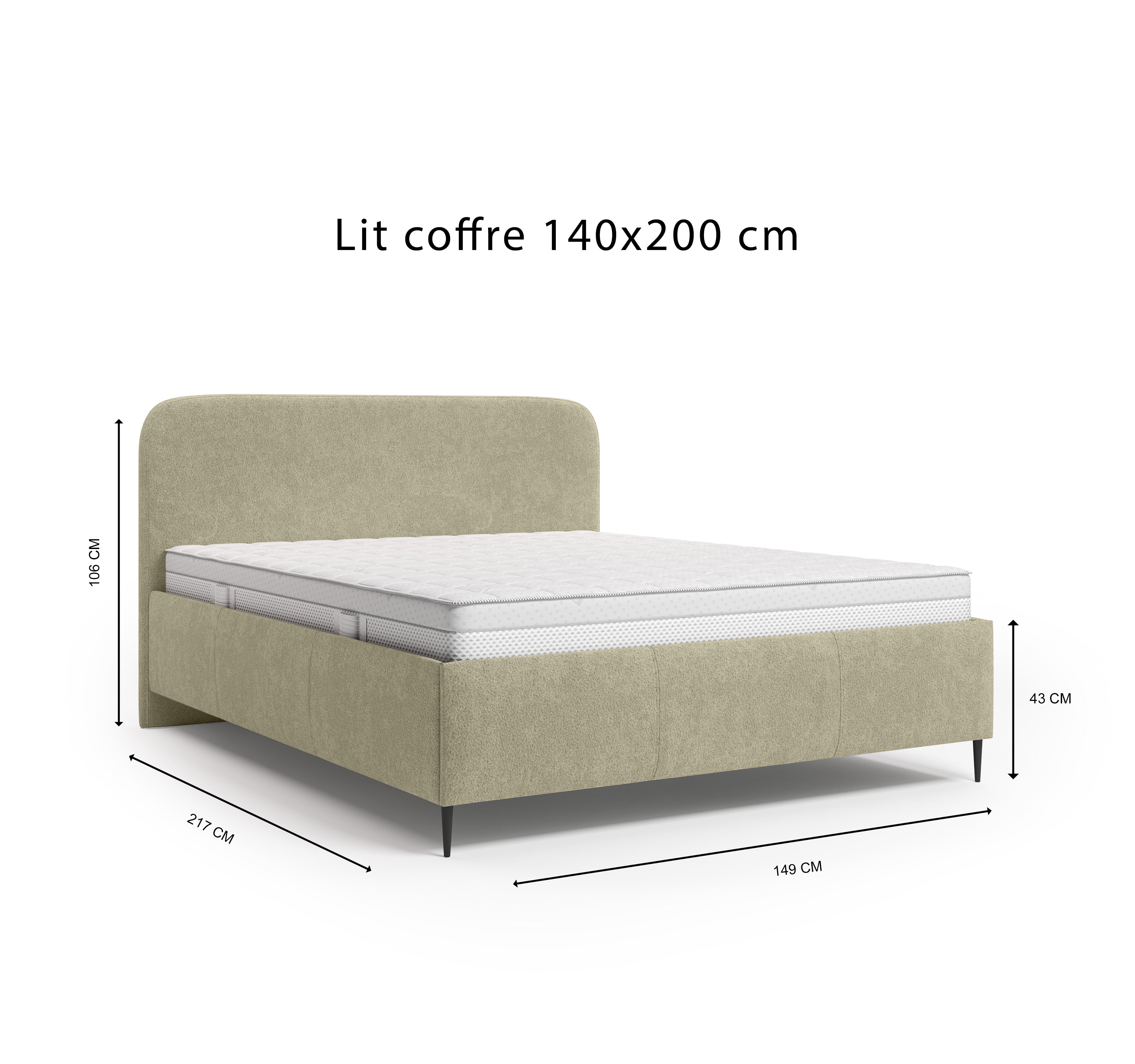 Lit coffre Yves Toudic 140x200 en tissu bouclette beige Paname Avenue, schéma des dimensions du lit
