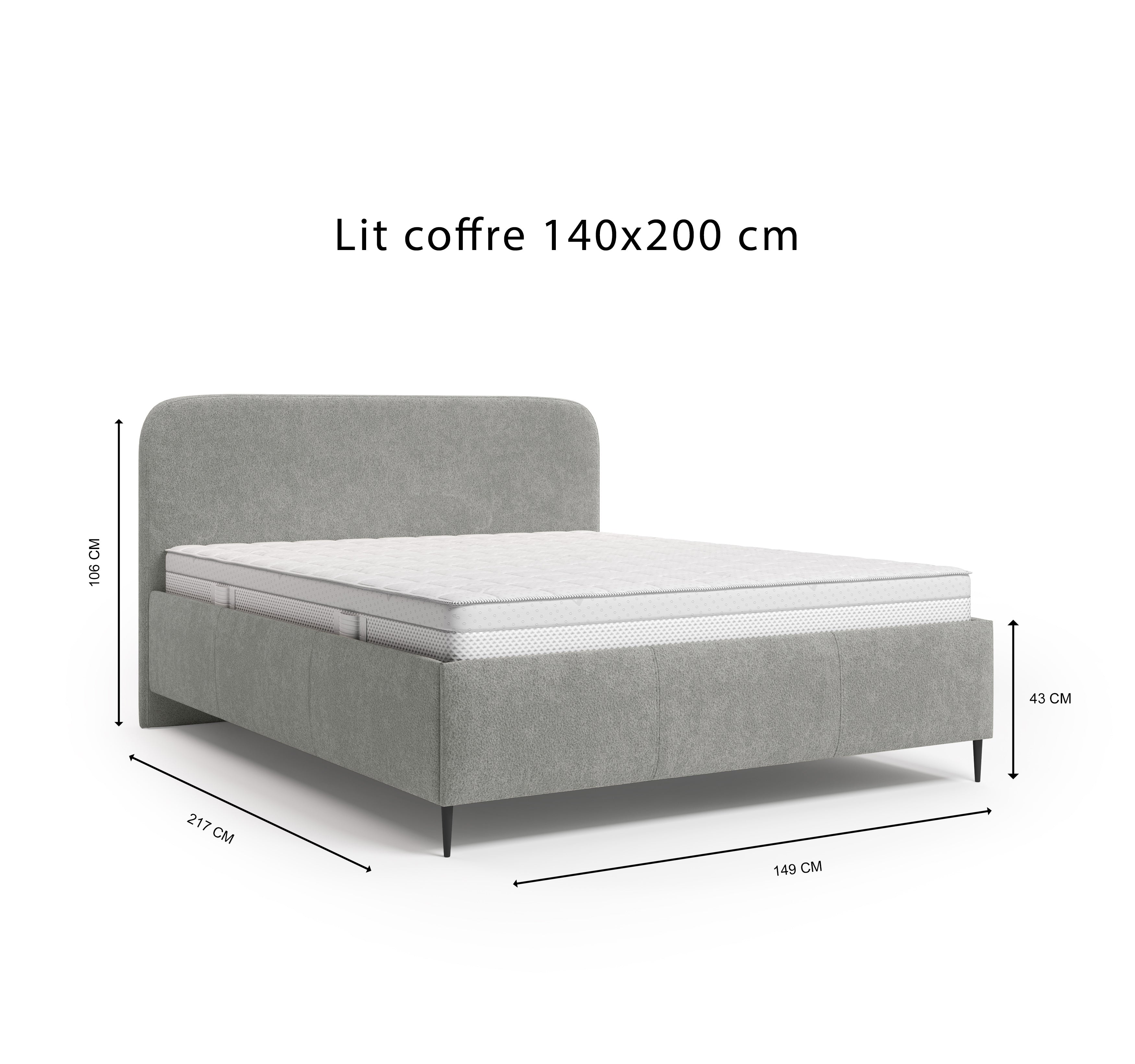 Lit coffre Yves Toudic 140x200 en tissu bouclette gris Paname Avenue, schéma des dimensions du lit