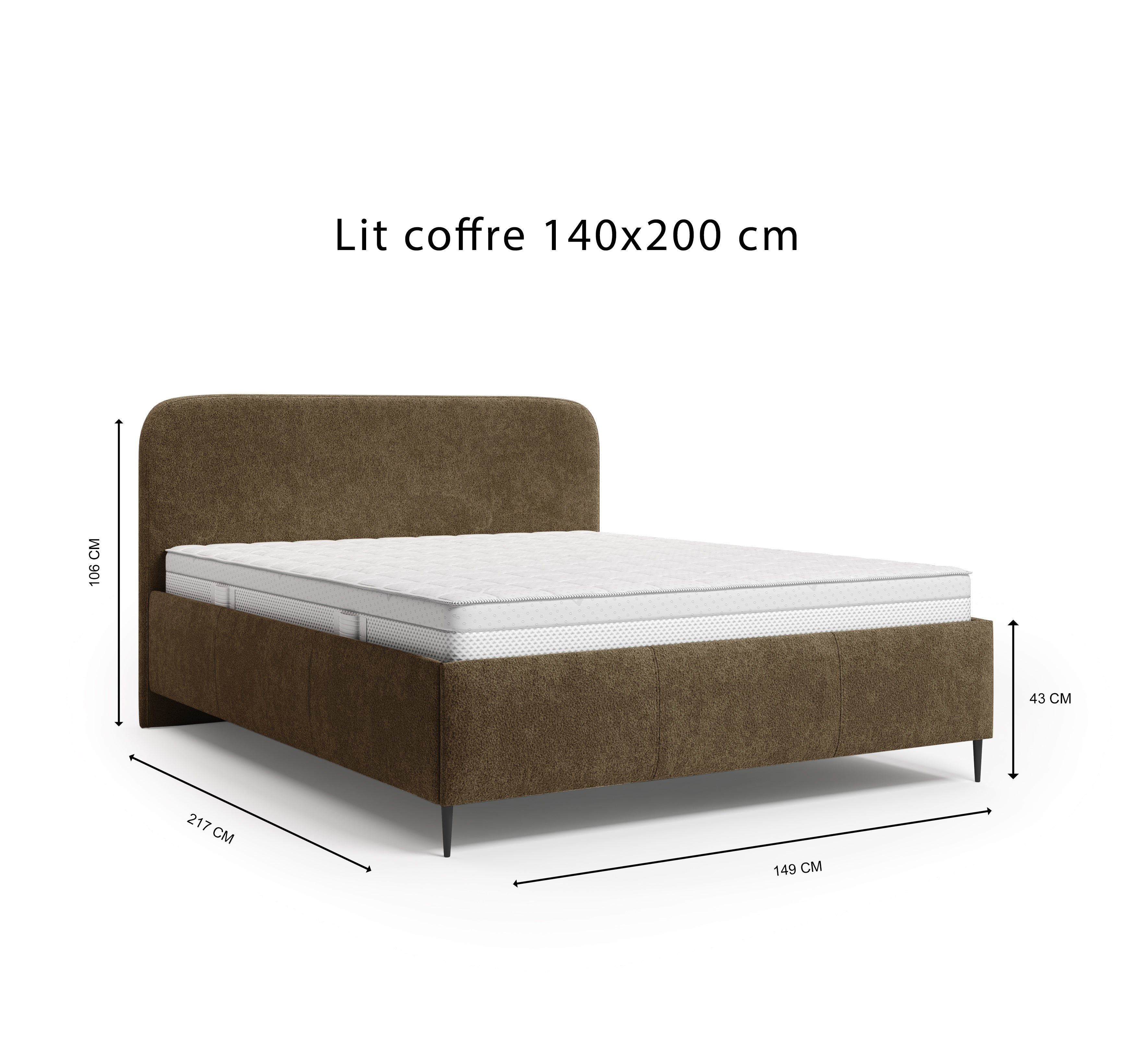 Lit coffre Yves Toudic 140x200 en tissu bouclette marron Paname Avenue, schéma des dimensions du lit