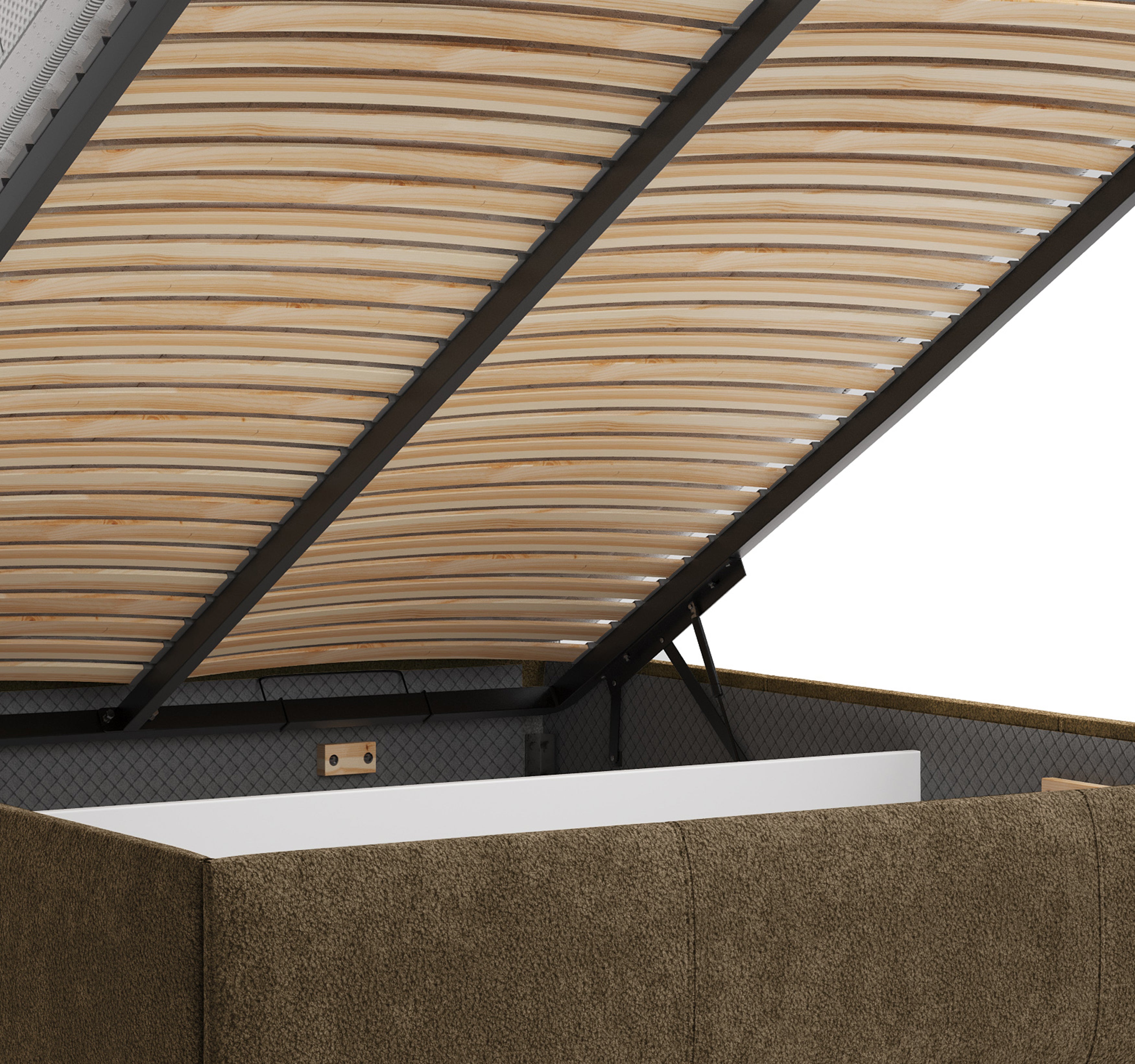 Lit coffre Yves Toudic 140x200 en tissu bouclette marron Paname Avenue, zoom sur le mécanisme de levage