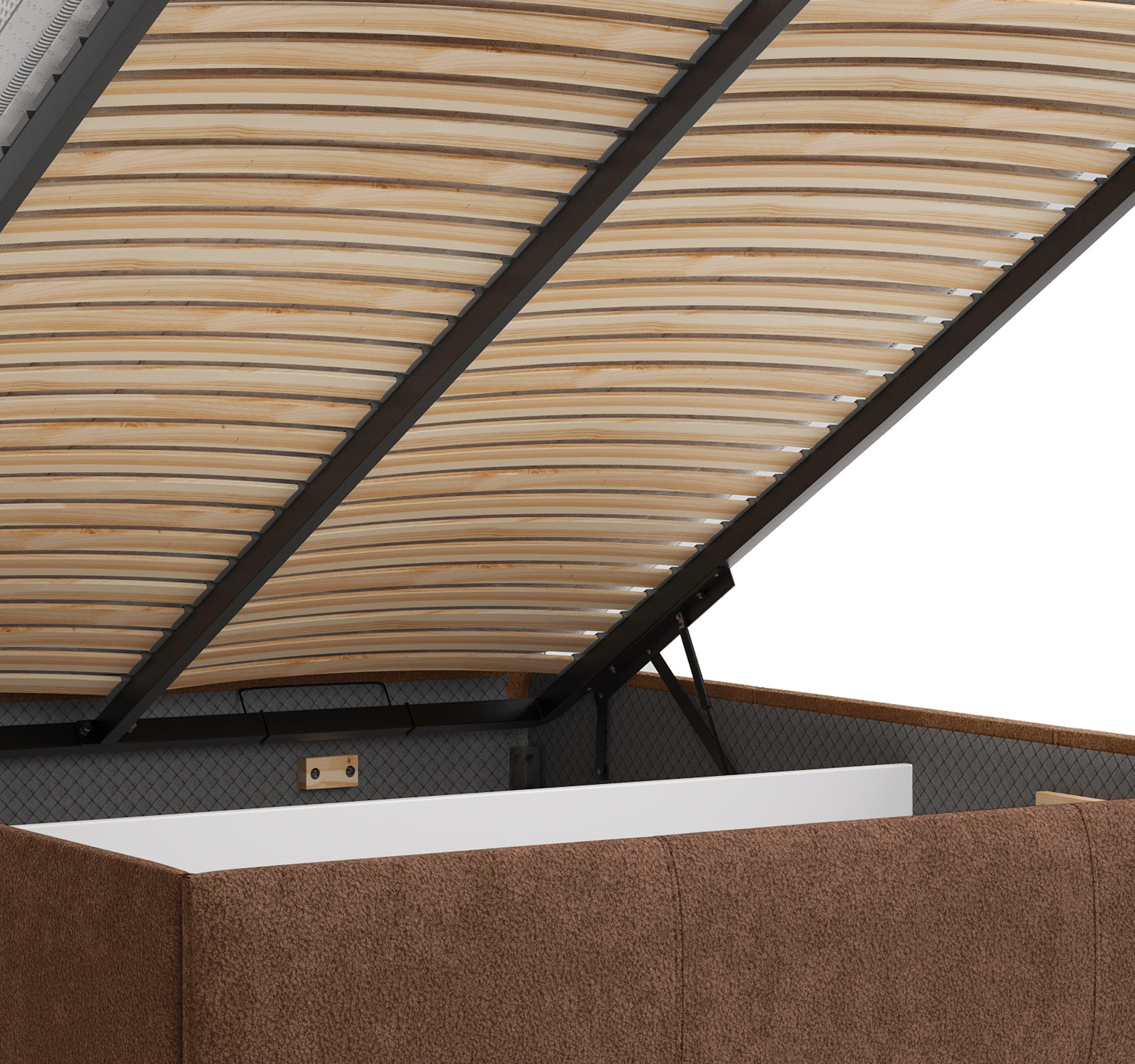 Lit coffre Yves Toudic 140x200 en tissu bouclette terracotta Paname Avenue, zoom sur le mécanisme de levage