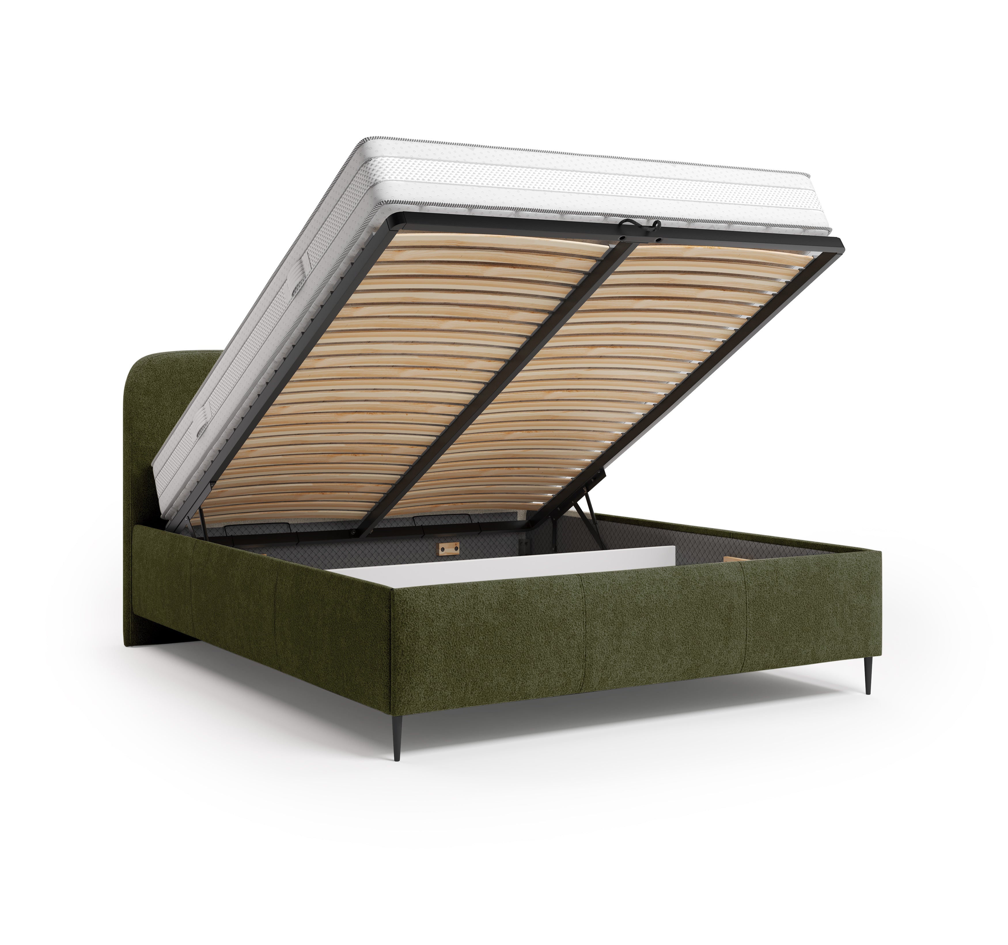 Lit coffre Yves Toudic 140x200 en tissu bouclette vert Paname Avenue, coffre de rangement ouvert sur fond blanc